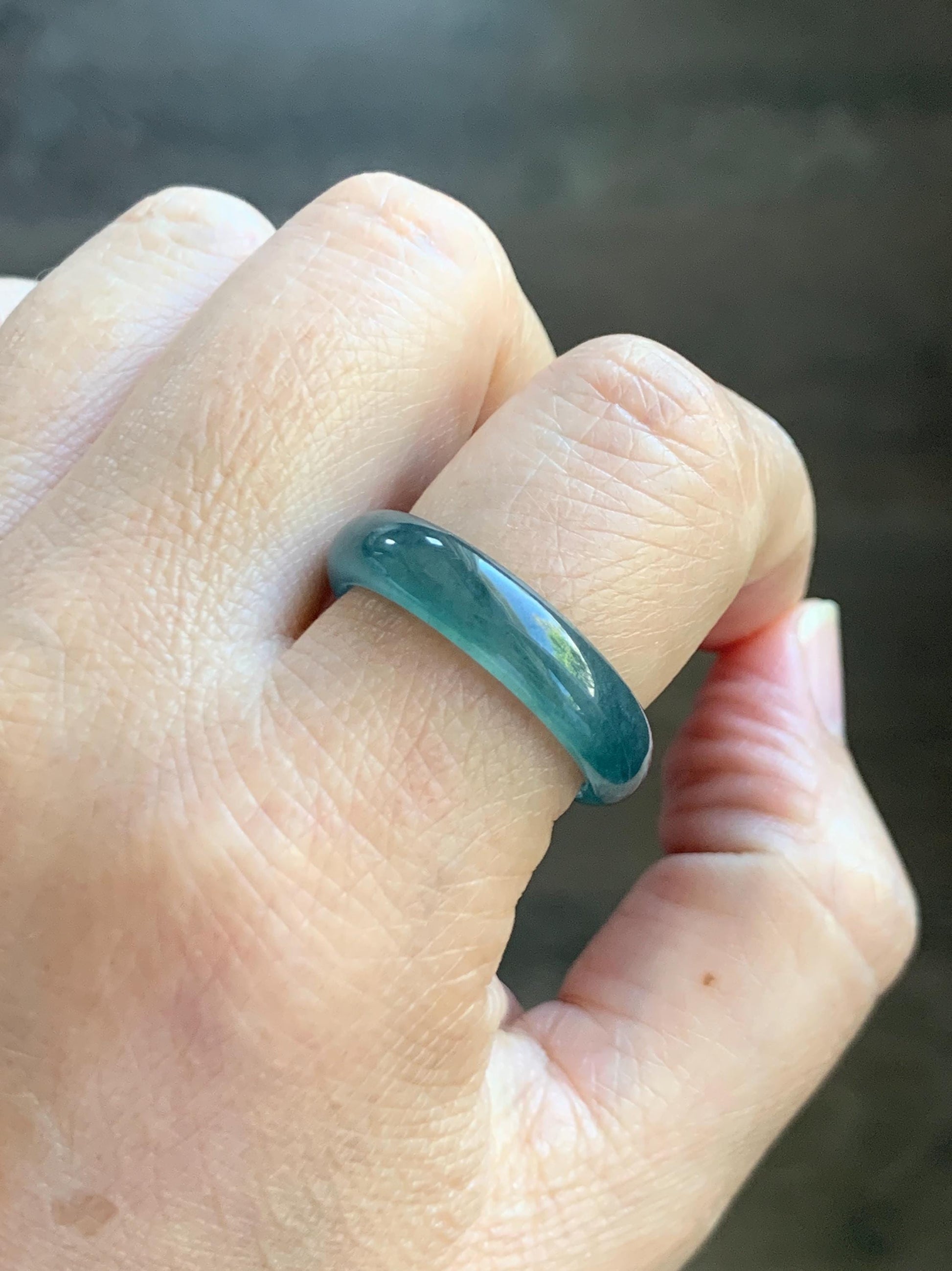Natural Grade A Guatemalan Icy Translucent Dark Teal Blue Jade Jadeite Wide Band Ring Comfort Fit Size 9.75 US 天然冰胶危蓝绿翡翠揭阳工戒圈 KWL330A
