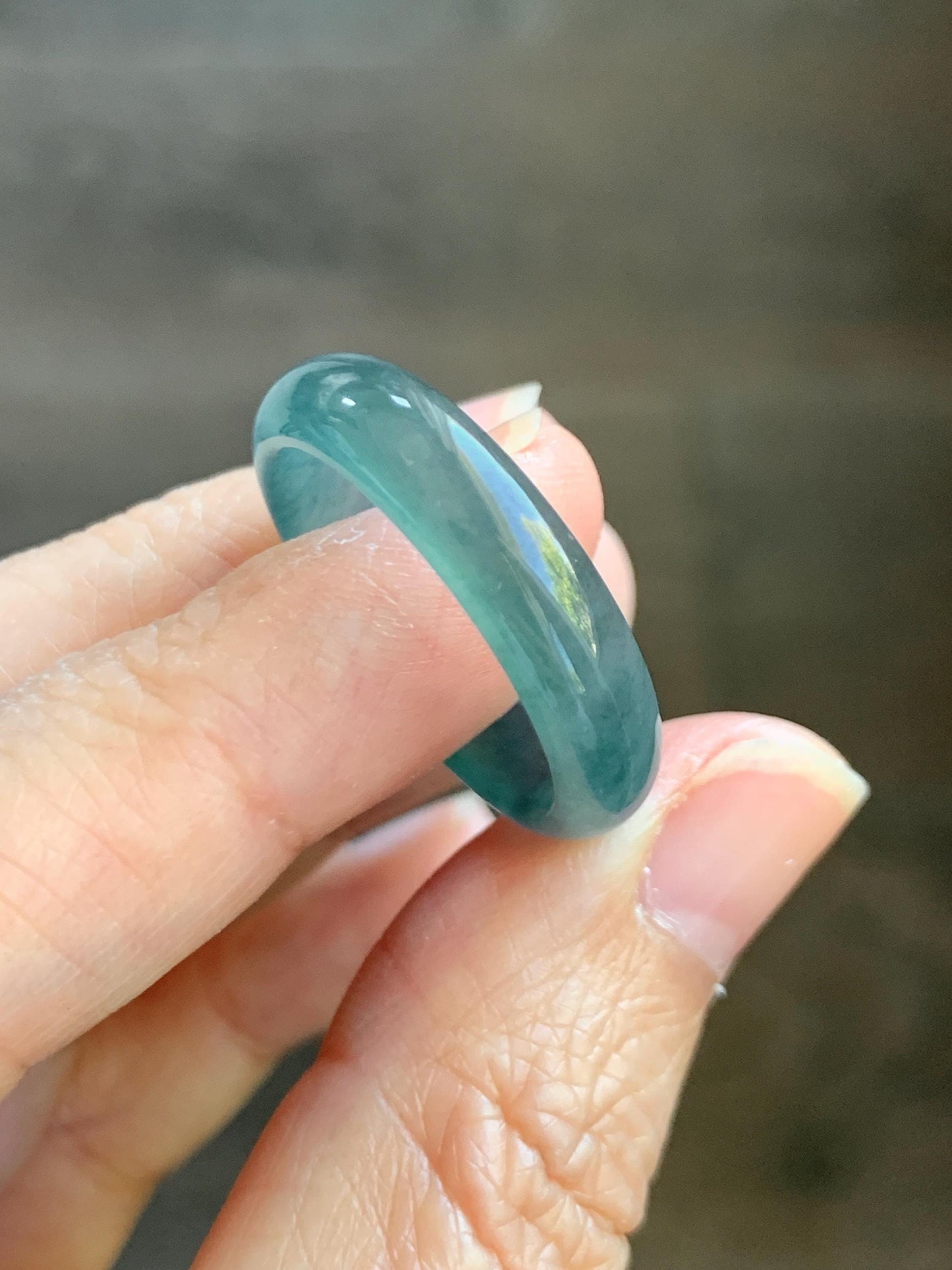 Natural Grade A Guatemalan Icy Translucent Dark Teal Blue Jade Jadeite Wide Band Ring Comfort Fit Size 9.75 US 天然冰胶危蓝绿翡翠揭阳工戒圈 KWL330A
