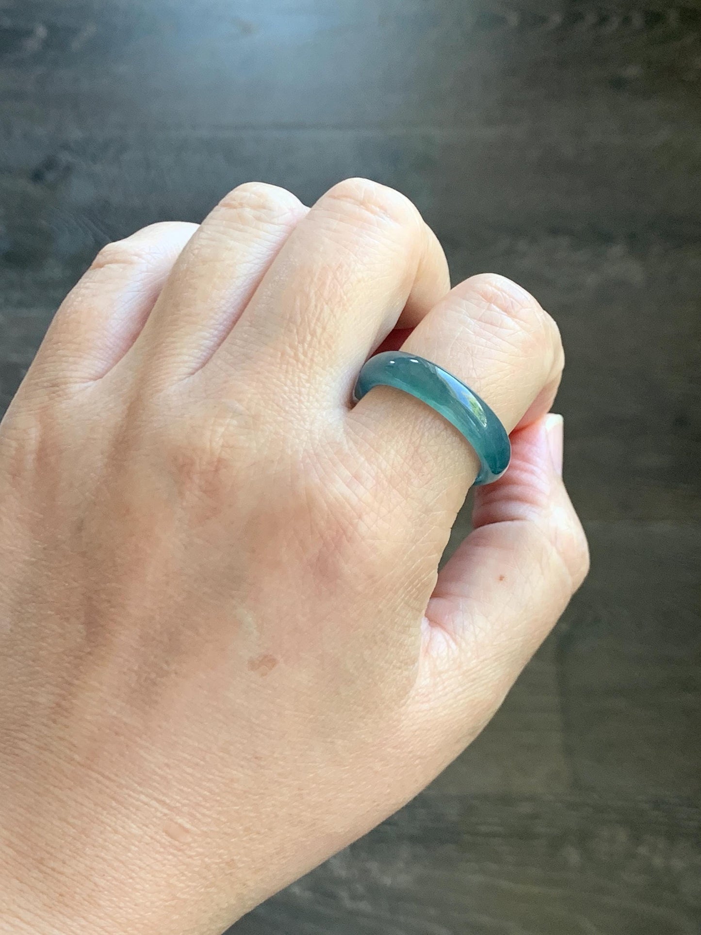 Natural Grade A Guatemalan Icy Translucent Dark Teal Blue Jade Jadeite Wide Band Ring Comfort Fit Size 9.75 US 天然冰胶危蓝绿翡翠揭阳工戒圈 KWL330A