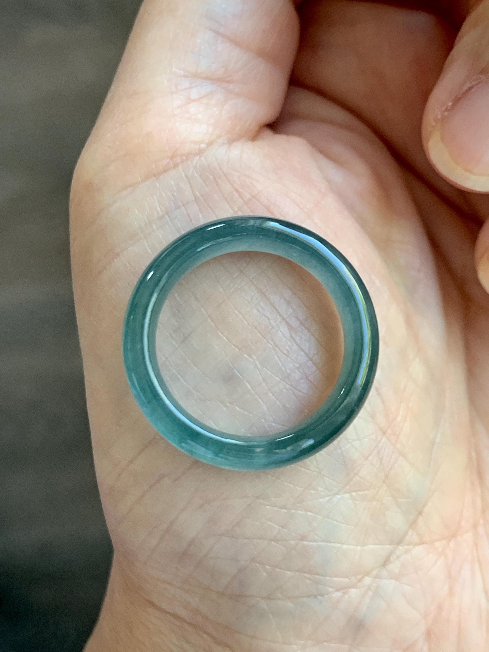 Natural Grade A Guatemalan Icy Translucent Dark Teal Blue Jade Jadeite Wide Band Ring Comfort Fit Size 9.75 US 天然冰胶危蓝绿翡翠揭阳工戒圈 KWL330A