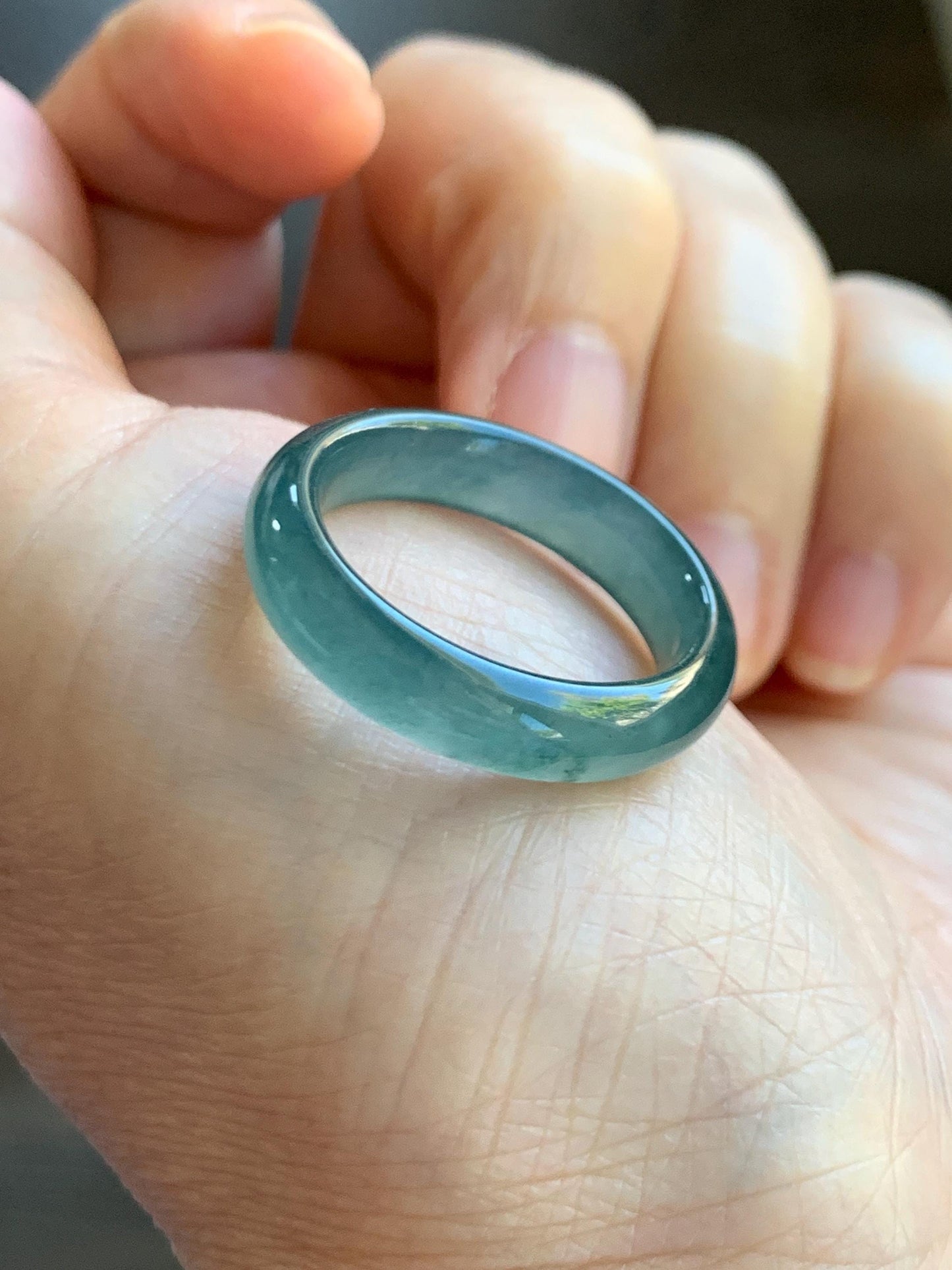 Natural Grade A Guatemalan Icy Translucent Dark Teal Blue Jade Jadeite Wide Band Ring Comfort Fit Size 9.75 US 天然冰胶危蓝绿翡翠揭阳工戒圈 KWL330A