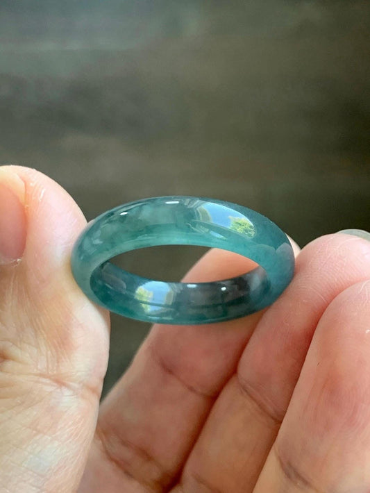 Natural Grade A Guatemalan Icy Translucent Dark Teal Blue Jade Jadeite Wide Band Ring Comfort Fit Size 9.75 US 天然冰胶危蓝绿翡翠揭阳工戒圈 KWL330A