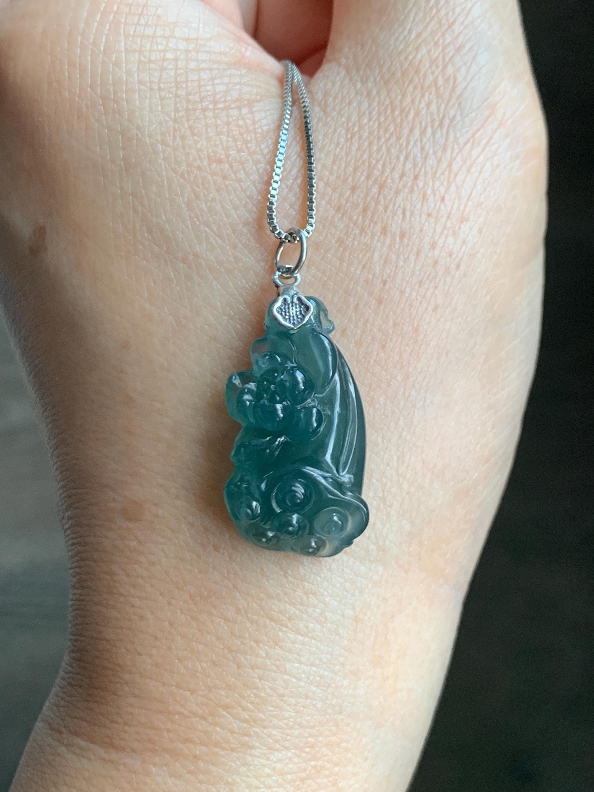 Natural Grade A Guatemalan Icy Translucent Dark Teal Blue Jade Jadeite Lotus Flower Lotus Pod Pendant Sterling Silver 天然冰危深蓝翡翠莲花莲蓬吊坠 WHP280A