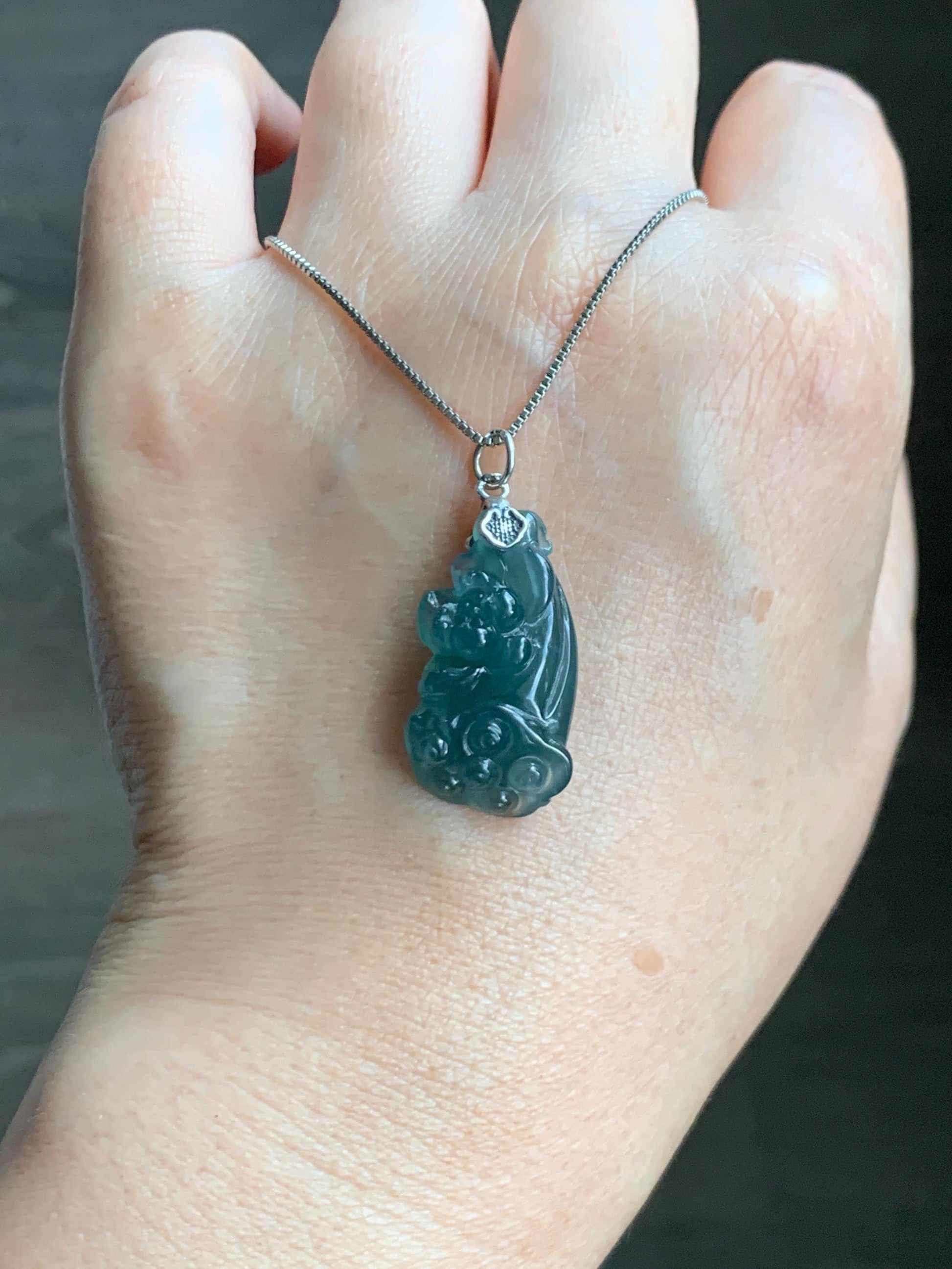 Natural Grade A Guatemalan Icy Translucent Dark Teal Blue Jade Jadeite Lotus Flower Lotus Pod Pendant Sterling Silver 天然冰危深蓝翡翠莲花莲蓬吊坠 WHP280A