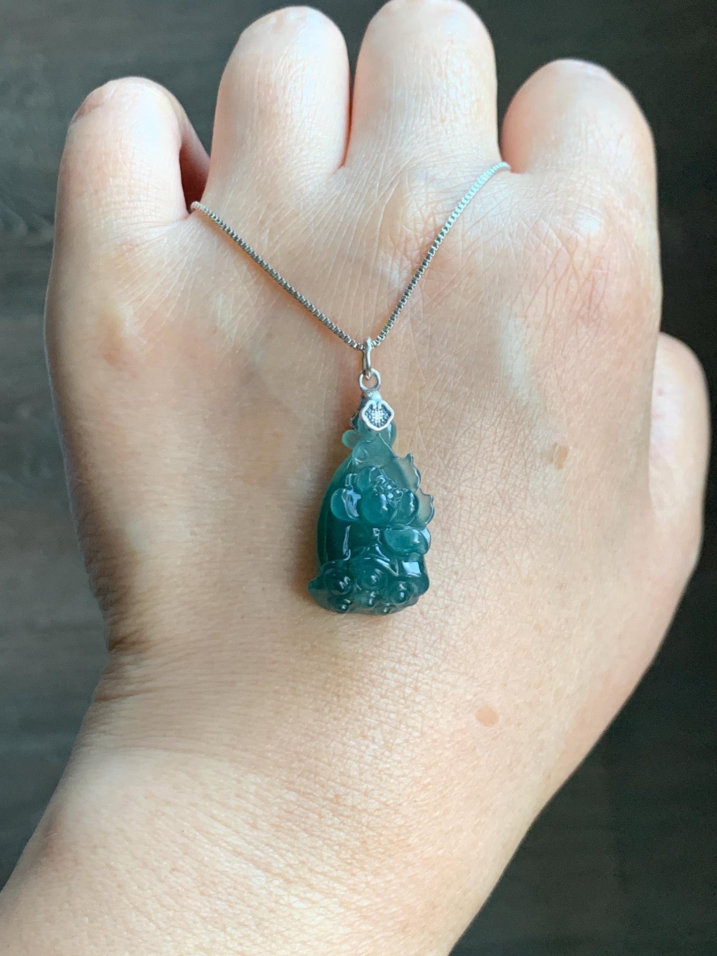 Natural Grade A Guatemalan Icy Translucent Dark Teal Blue Jade Jadeite Lotus Flower Lotus Pod Pendant Sterling Silver 天然冰危深蓝翡翠莲花莲蓬吊坠 WHP280B