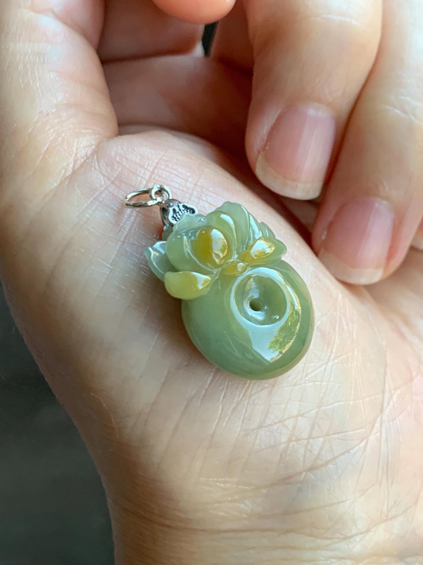 Natural Grade A Guatemalan Translucent Dusty Blue Yellow Jade Jadeite Lotus Flower Ping An Kou Donut Pendant Sterling Silver 天然危黄翡翠莲花平安扣吊坠 L
