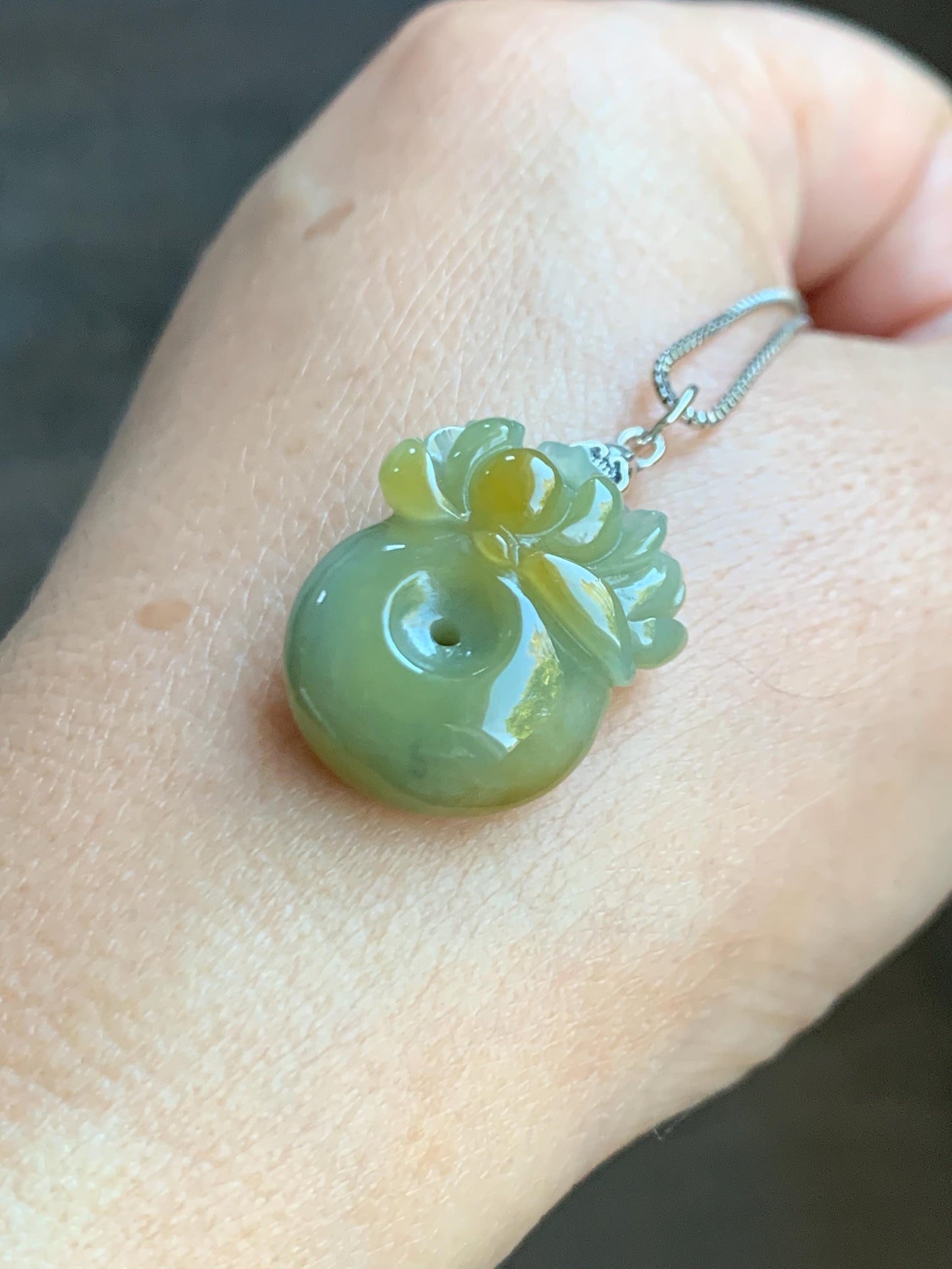 Natural Grade A Guatemalan Translucent Dusty Blue Yellow Jade Jadeite Lotus Flower Ping An Kou Donut Pendant Sterling Silver 天然危黄翡翠莲花平安扣吊坠 L