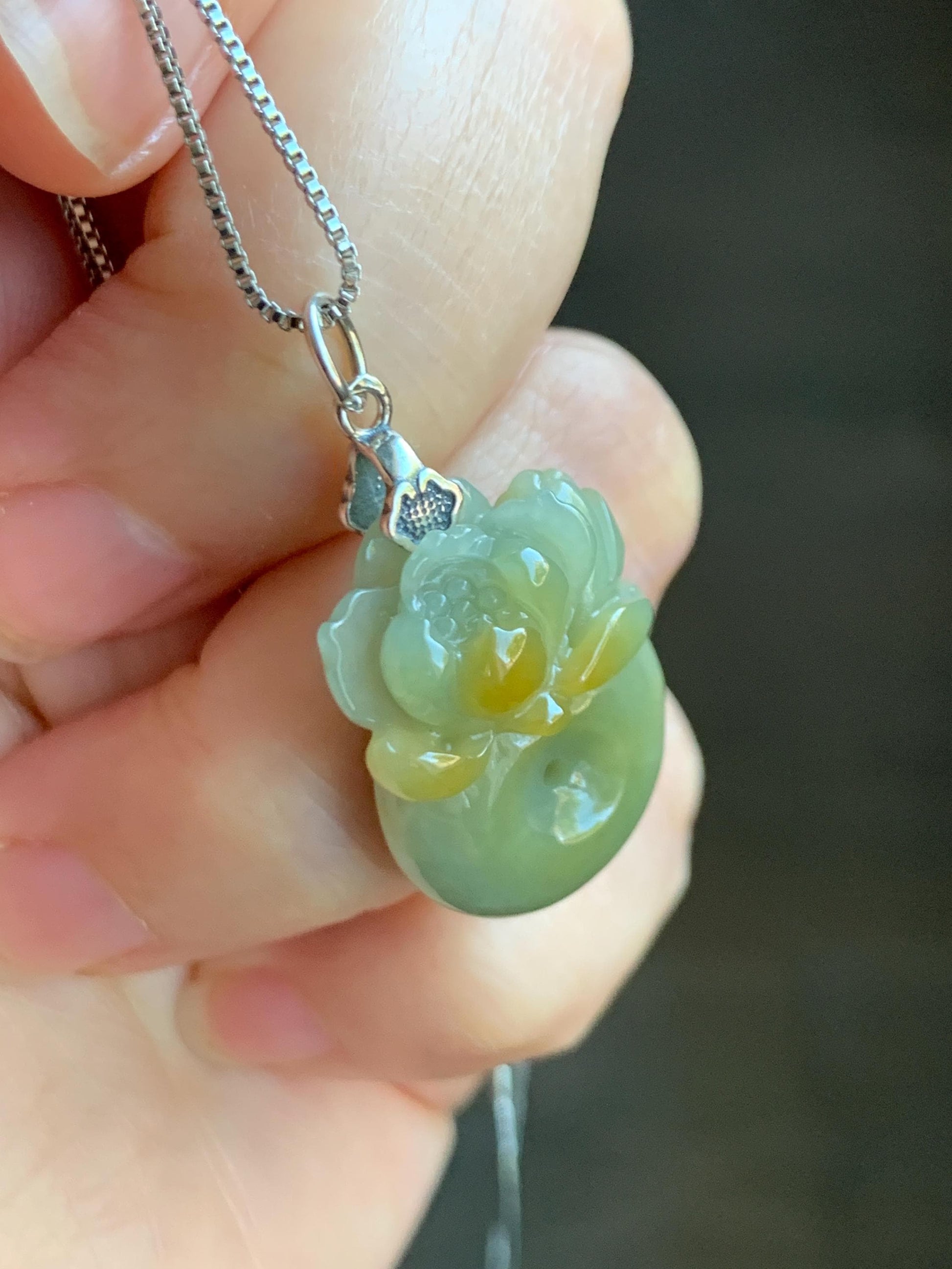 Natural Grade A Guatemalan Translucent Dusty Blue Yellow Jade Jadeite Lotus Flower Ping An Kou Donut Pendant Sterling Silver 天然危黄翡翠莲花平安扣吊坠 L