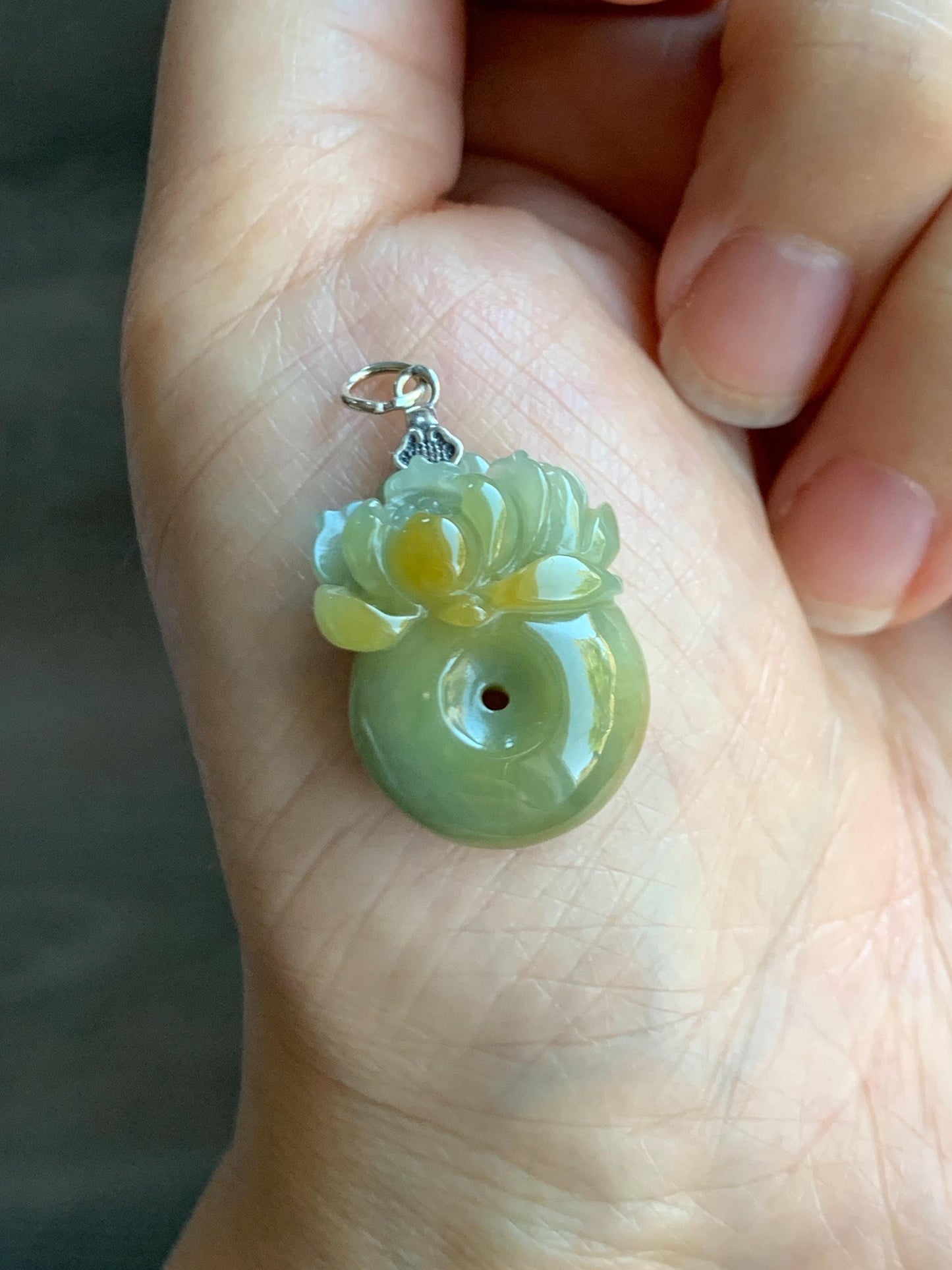Natural Grade A Guatemalan Translucent Dusty Blue Yellow Jade Jadeite Lotus Flower Ping An Kou Donut Pendant Sterling Silver 天然危黄翡翠莲花平安扣吊坠 L