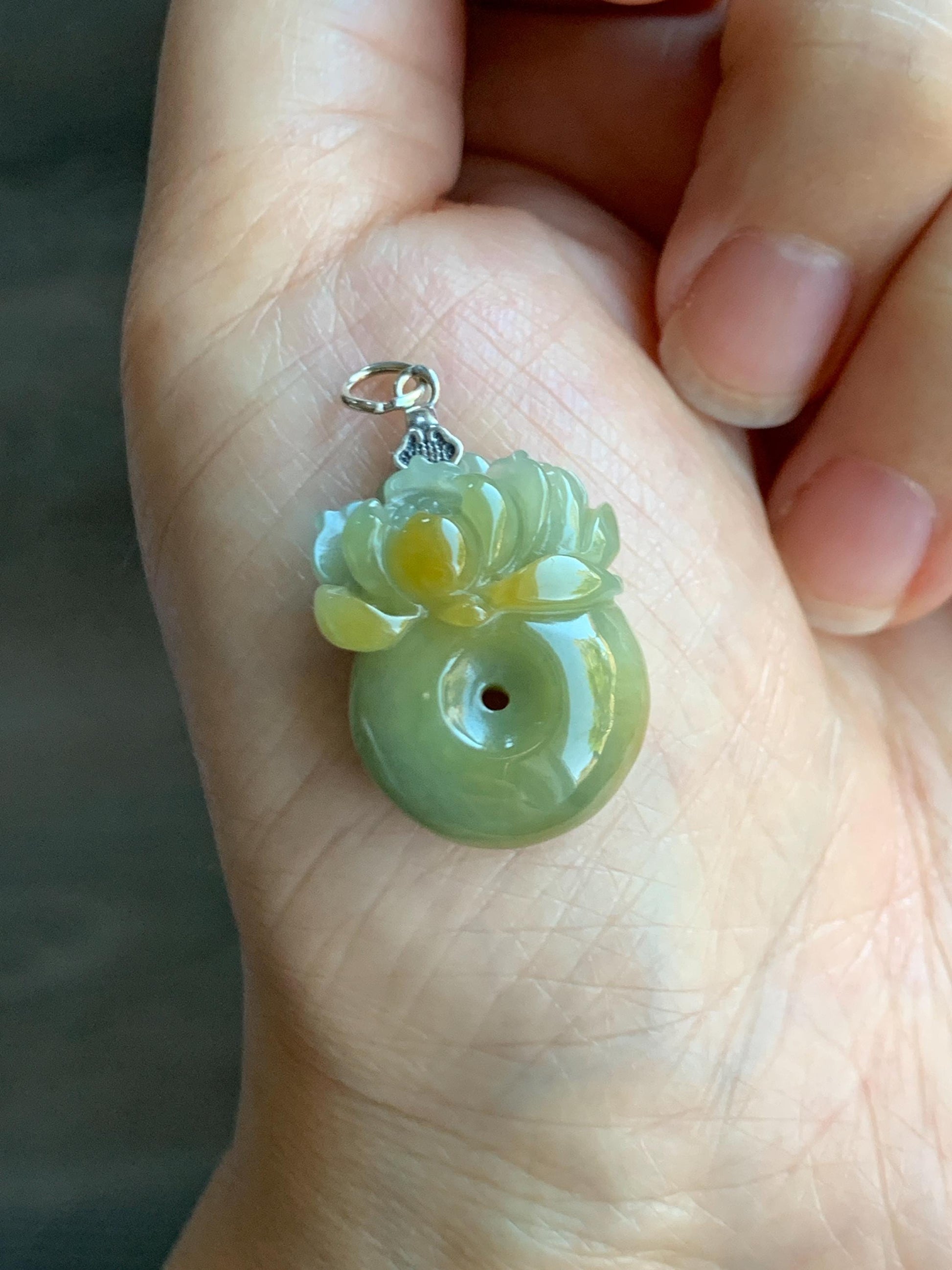 Natural Grade A Guatemalan Translucent Dusty Blue Yellow Jade Jadeite Lotus Flower Ping An Kou Donut Pendant Sterling Silver 天然危黄翡翠莲花平安扣吊坠 L