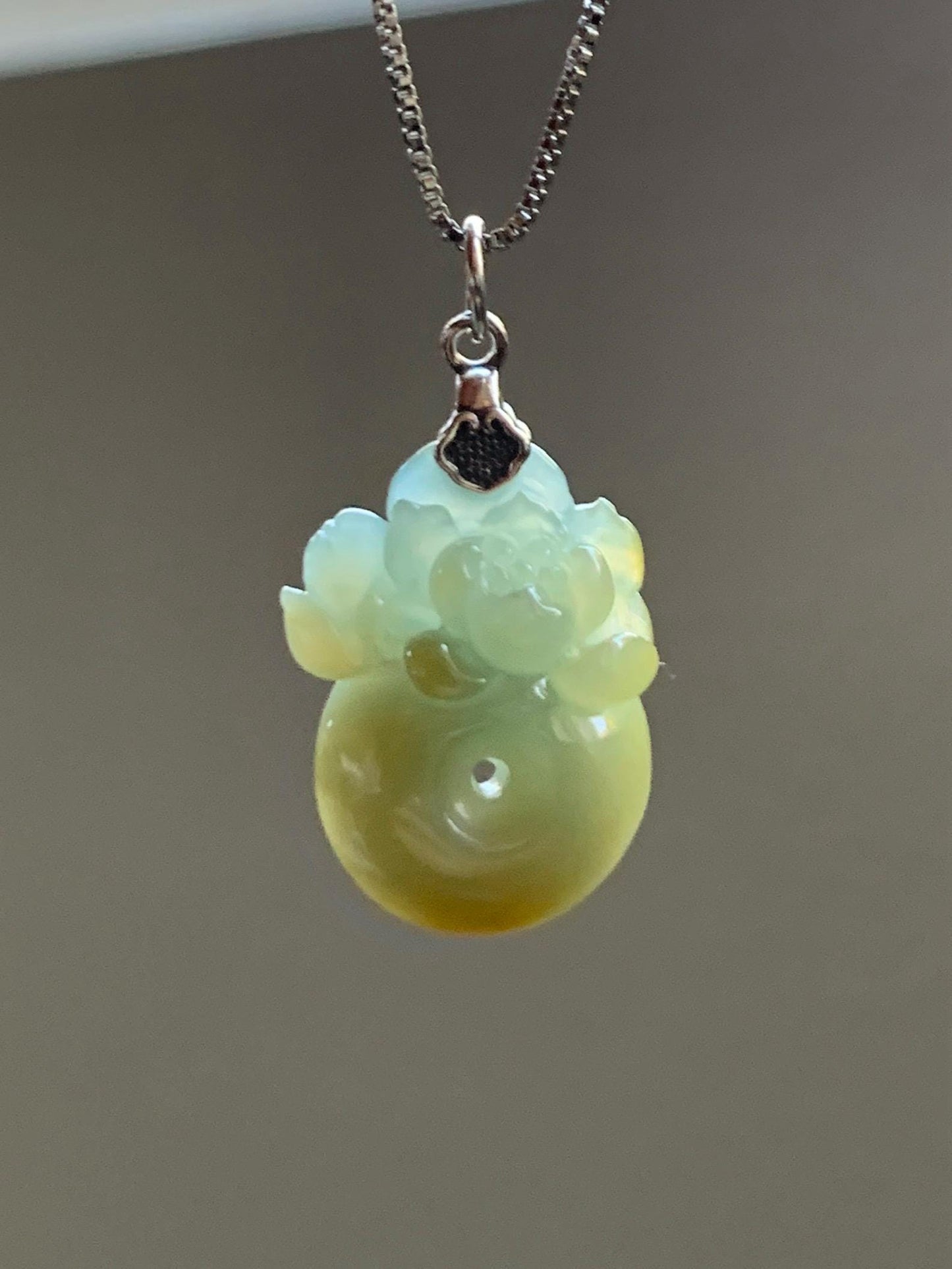 Natural Grade A Guatemalan Translucent Dusty Blue Yellow Jade Jadeite Lotus Flower Ping An Kou Donut Pendant Sterling Silver 天然危黄翡翠莲花平安扣吊坠 S