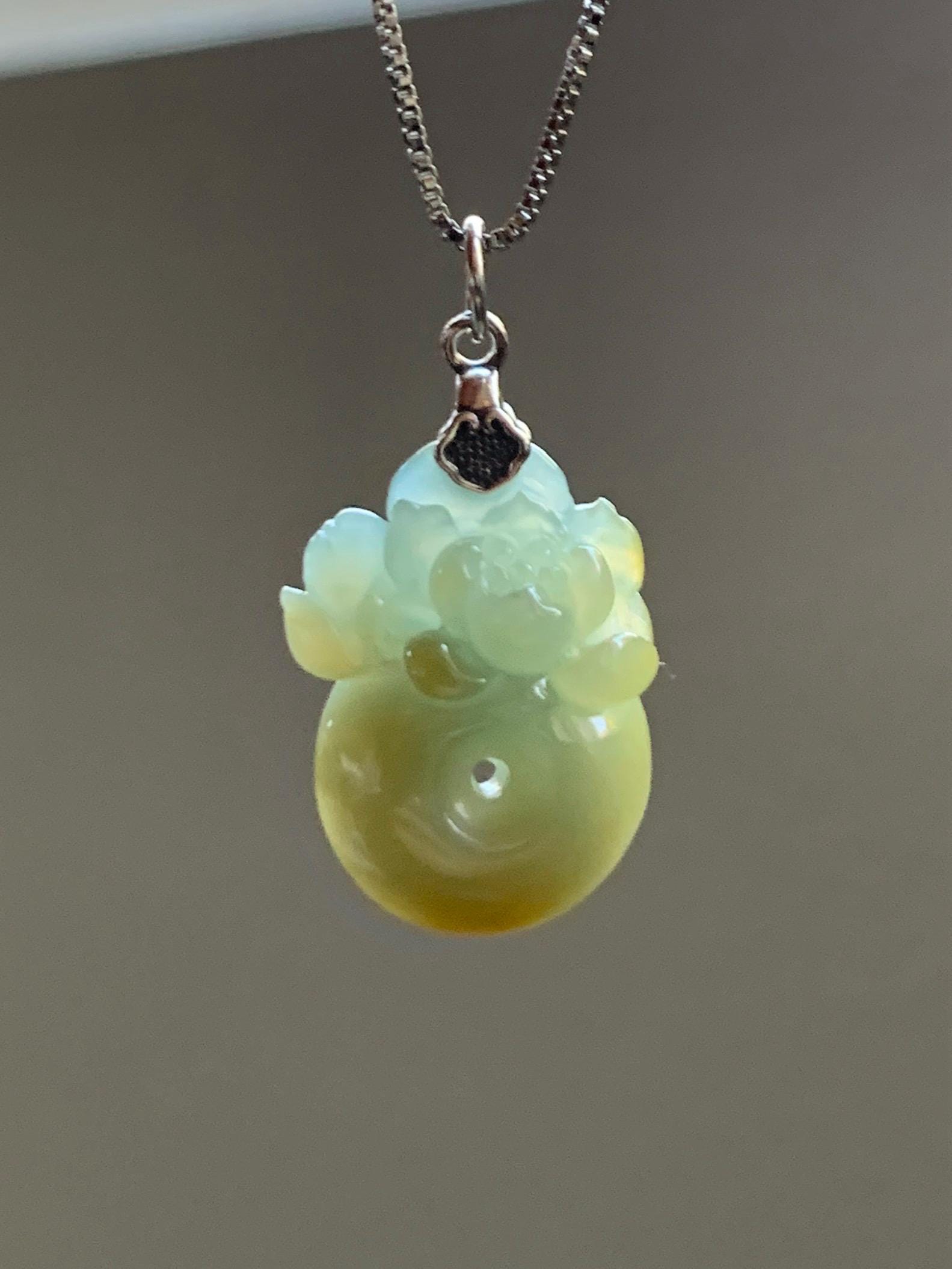 Natural Grade A Guatemalan Translucent Dusty Blue Yellow Jade Jadeite Lotus Flower Ping An Kou Donut Pendant Sterling Silver 天然危黄翡翠莲花平安扣吊坠 S