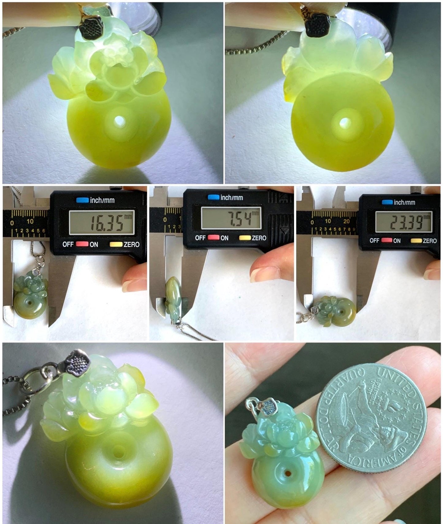 Natural Grade A Guatemalan Translucent Dusty Blue Yellow Jade Jadeite Lotus Flower Ping An Kou Donut Pendant Sterling Silver 天然危黄翡翠莲花平安扣吊坠 S