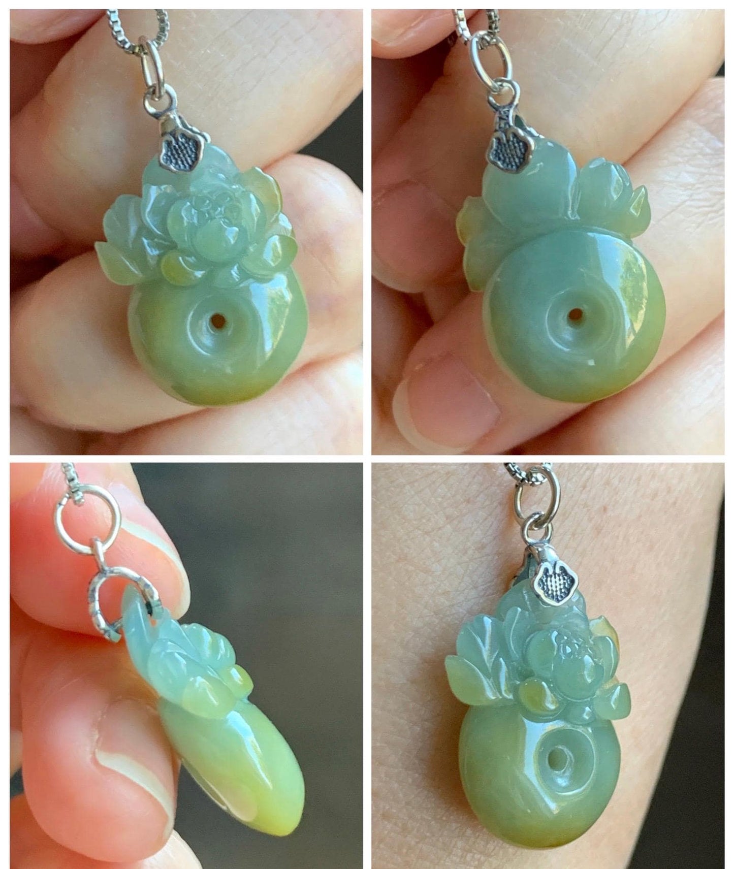 Natural Grade A Guatemalan Translucent Dusty Blue Yellow Jade Jadeite Lotus Flower Ping An Kou Donut Pendant Sterling Silver 天然危黄翡翠莲花平安扣吊坠 S