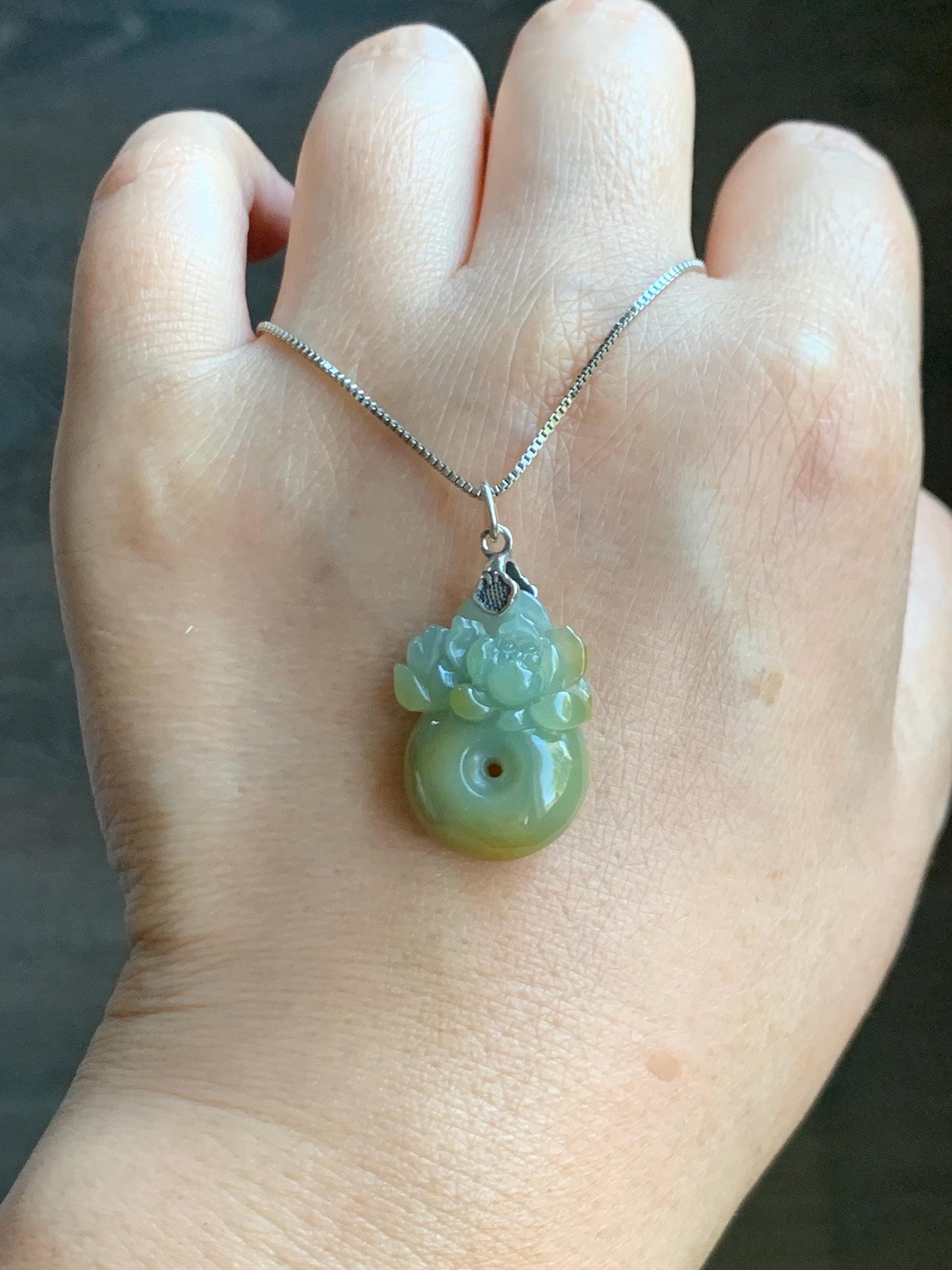 Natural Grade A Guatemalan Translucent Dusty Blue Yellow Jade Jadeite Lotus Flower Ping An Kou Donut Pendant Sterling Silver 天然危黄翡翠莲花平安扣吊坠 S