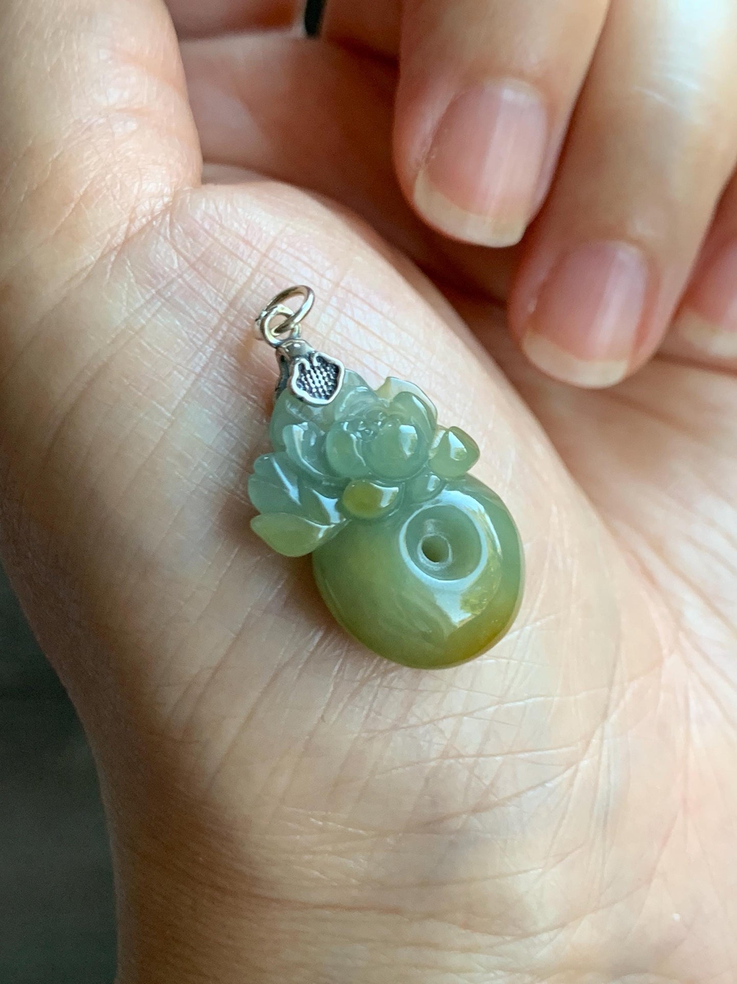 Natural Grade A Guatemalan Translucent Dusty Blue Yellow Jade Jadeite Lotus Flower Ping An Kou Donut Pendant Sterling Silver 天然危黄翡翠莲花平安扣吊坠 S