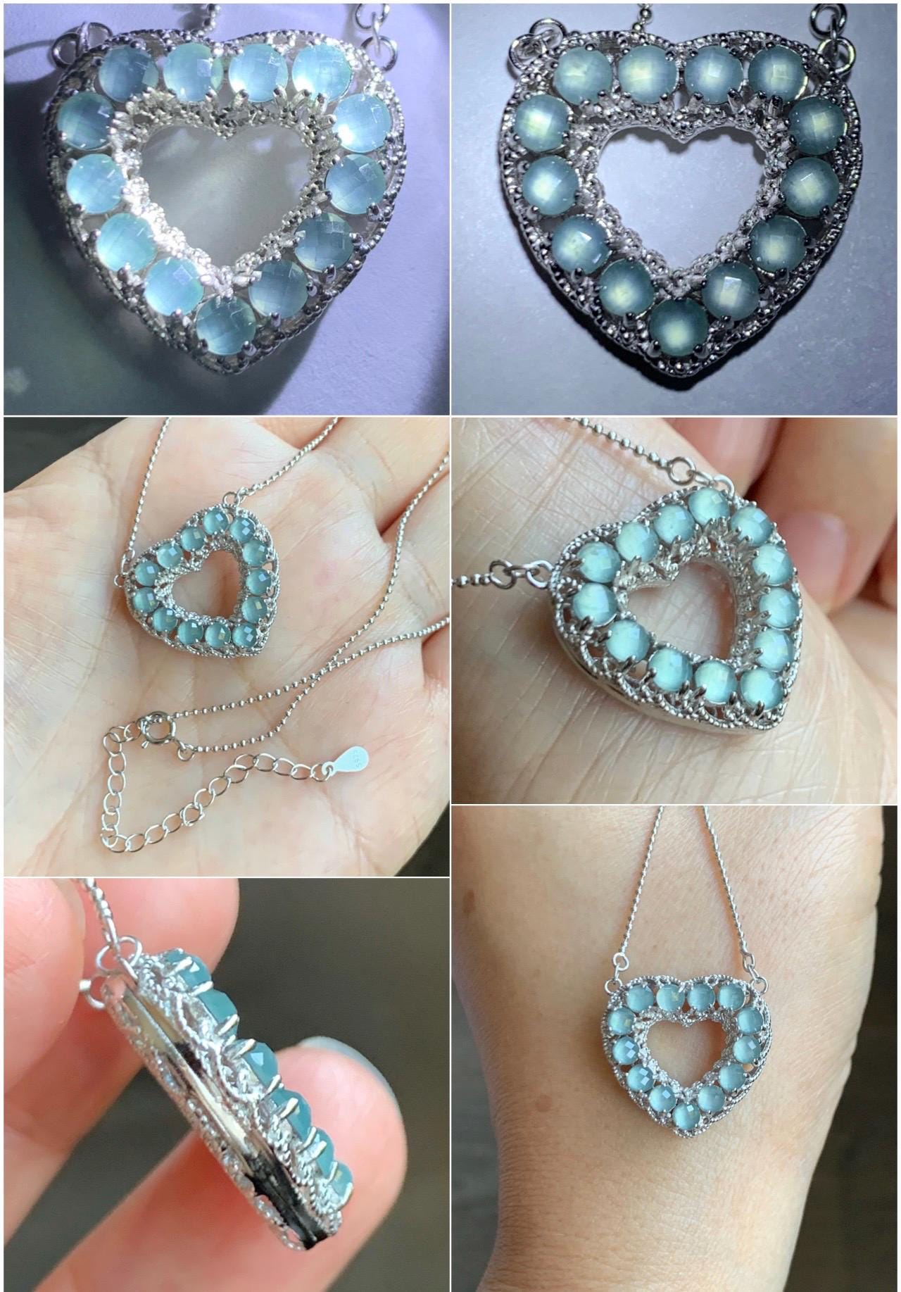 Natural Guatemalan Icy Highly Translucent Pastel Blue Jade Jadeite Heart Pendant Necklace Sterling Silver 16.25”-18.5” 天然高冰危淡蓝翡翠爱心锁骨链 WLQ165