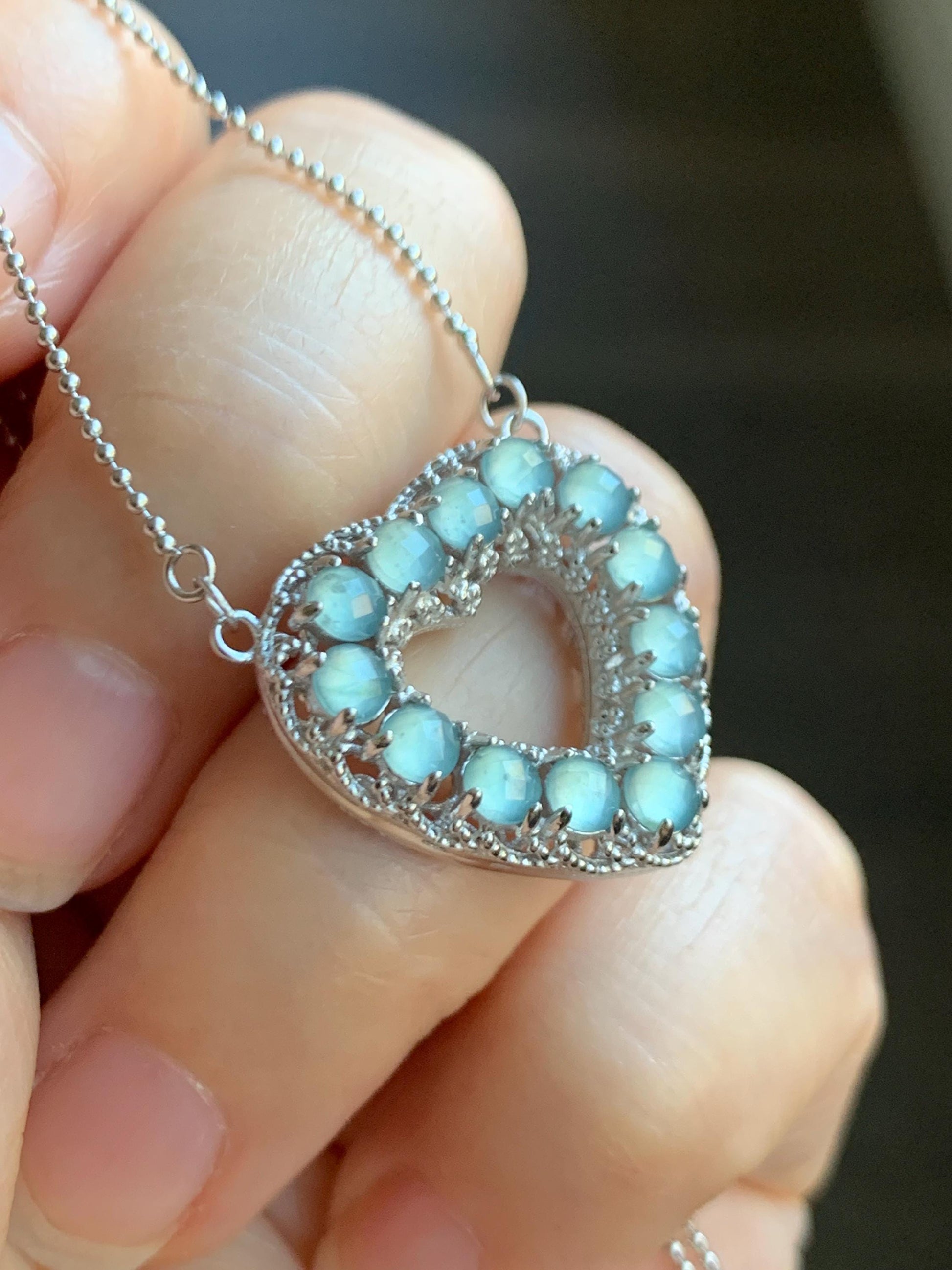 Natural Guatemalan Icy Highly Translucent Pastel Blue Jade Jadeite Heart Pendant Necklace Sterling Silver 16.25”-18.5” 天然高冰危淡蓝翡翠爱心锁骨链 WLQ165