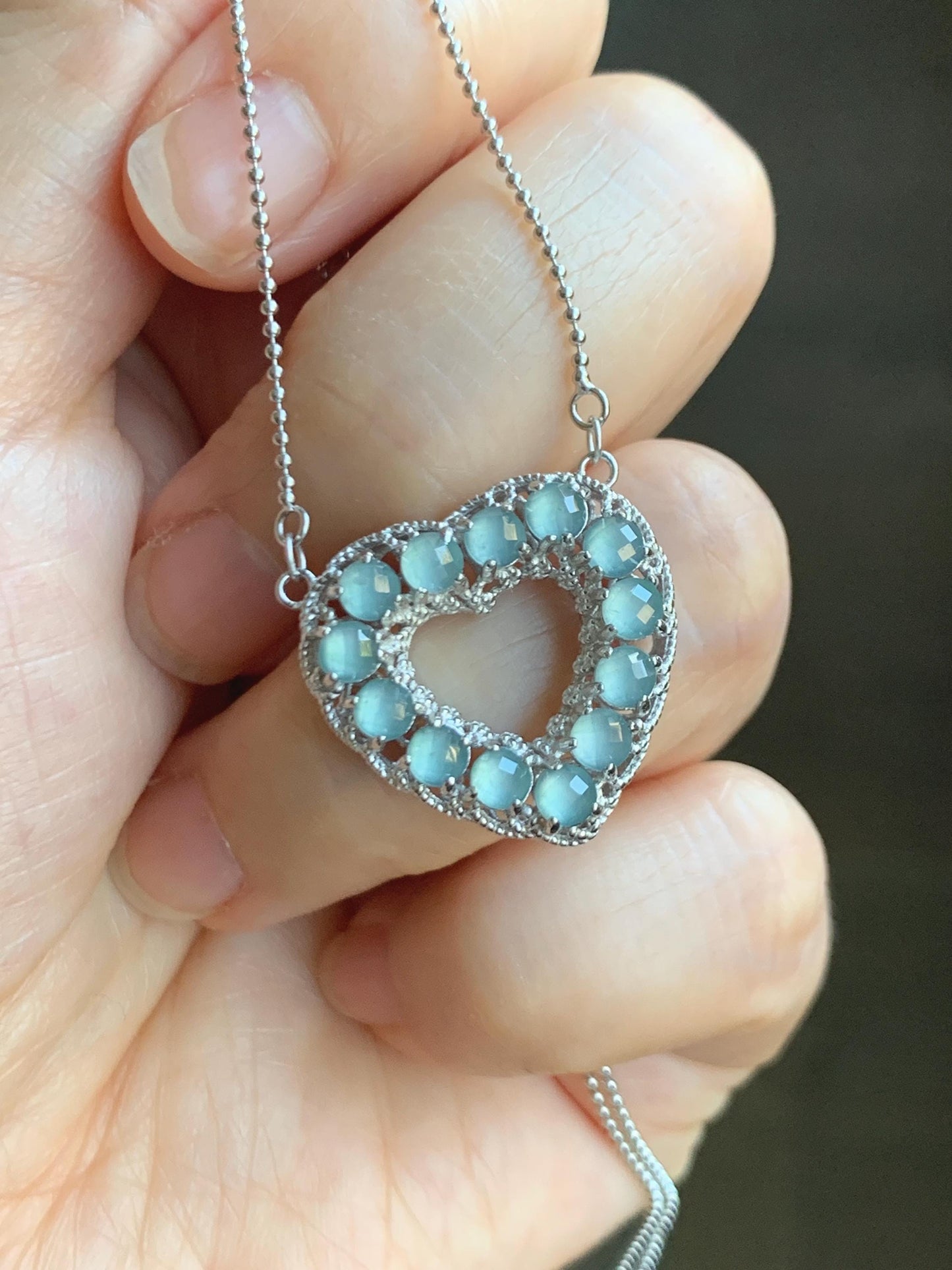 Natural Guatemalan Icy Highly Translucent Pastel Blue Jade Jadeite Heart Pendant Necklace Sterling Silver 16.25”-18.5” 天然高冰危淡蓝翡翠爱心锁骨链 WLQ165