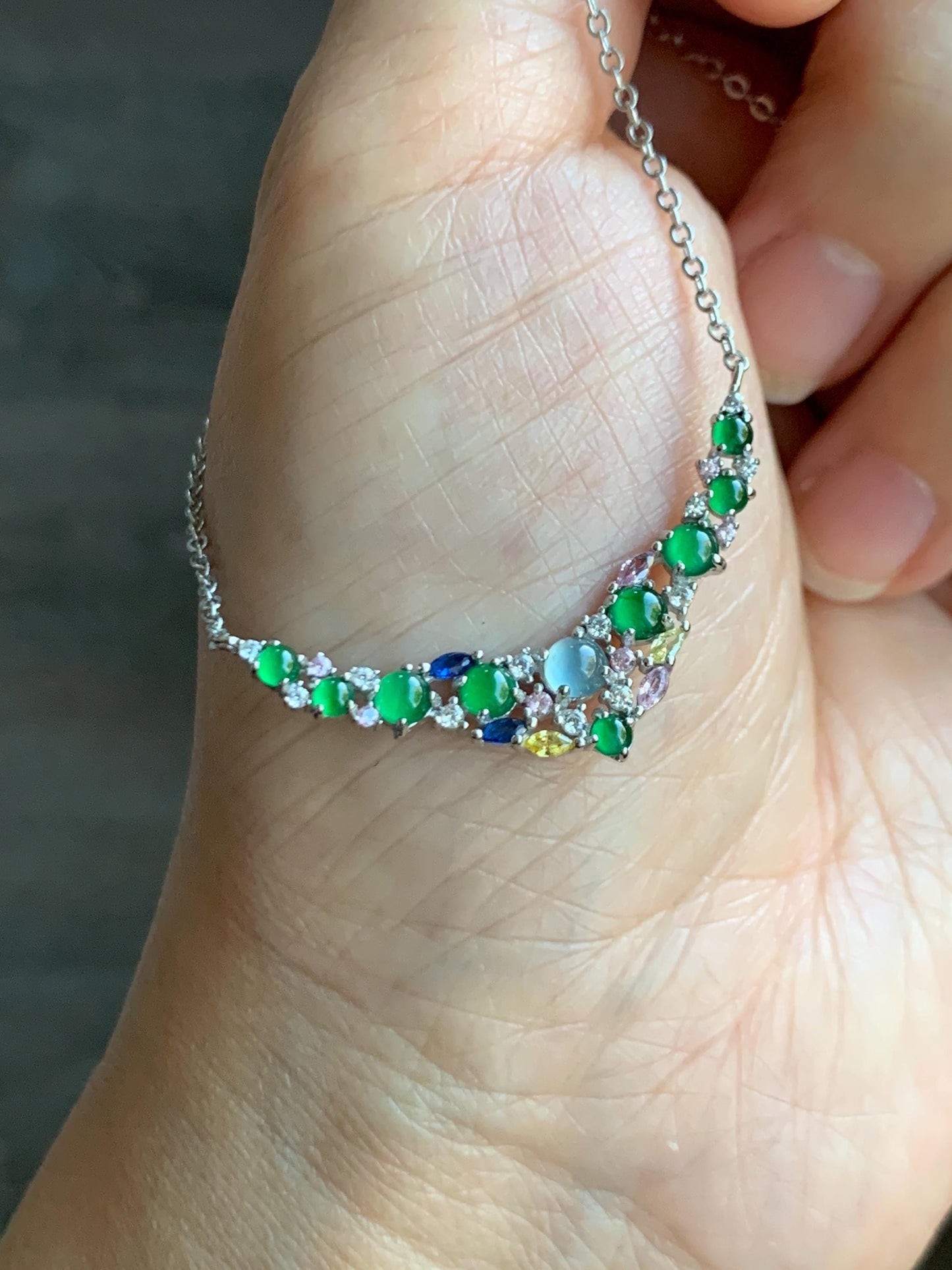 Natural Guatemalan Icy Highly Translucent Vibrant Green Blue Jade Jadeite Pendant Necklace Sterling Silver 16”-18.25” 天然冰危淡蓝危绿翡翠玉横锁骨链 HKF120