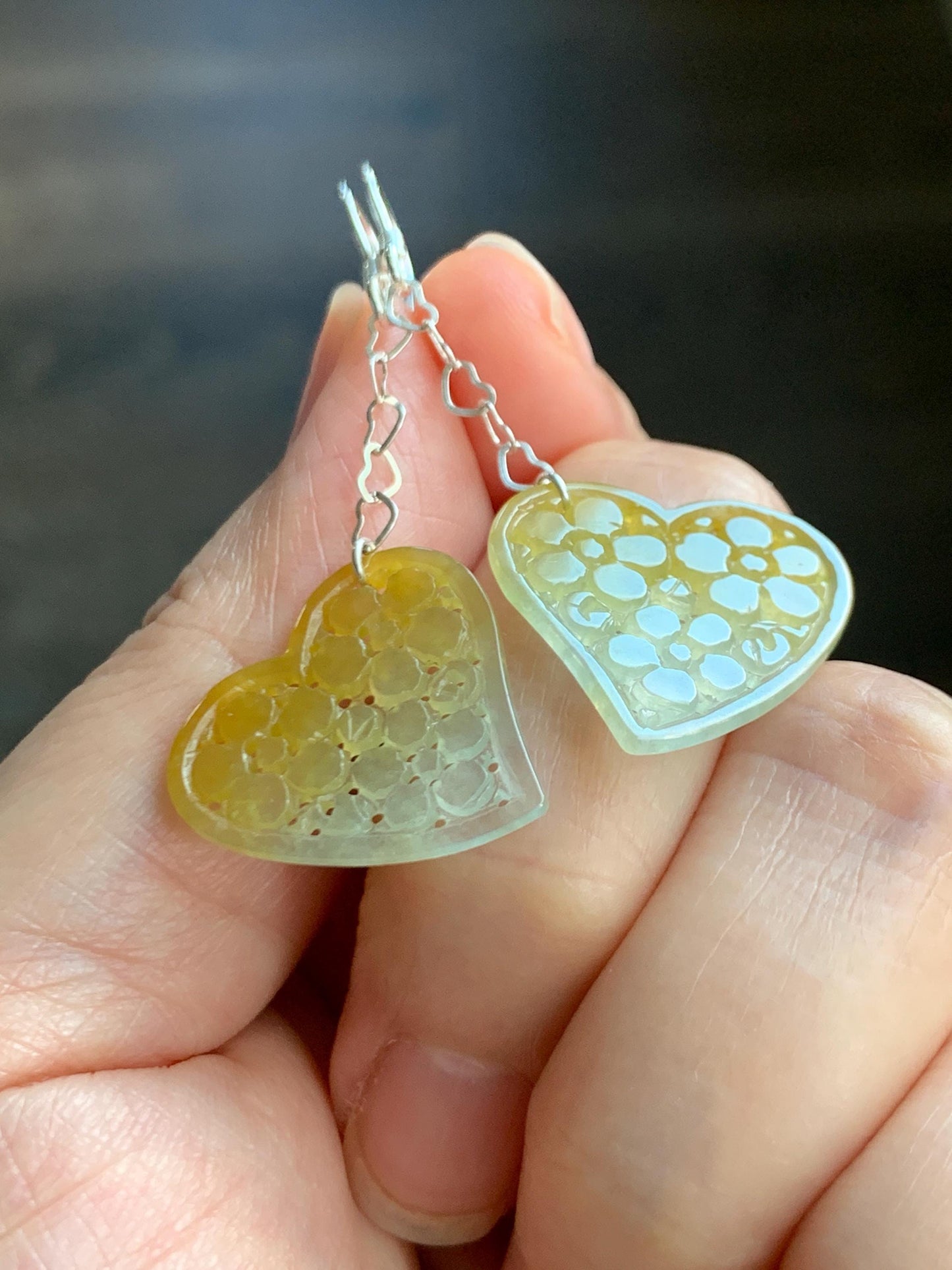 Natural Grade A Icy Highly Translucent Vibrant Yellow Jade Jadeite Openwork Engraved Heart Earrings Sterling Silver 天然冰黄翡翠镂空雕爱心足银耳钩耳吊BMH496A