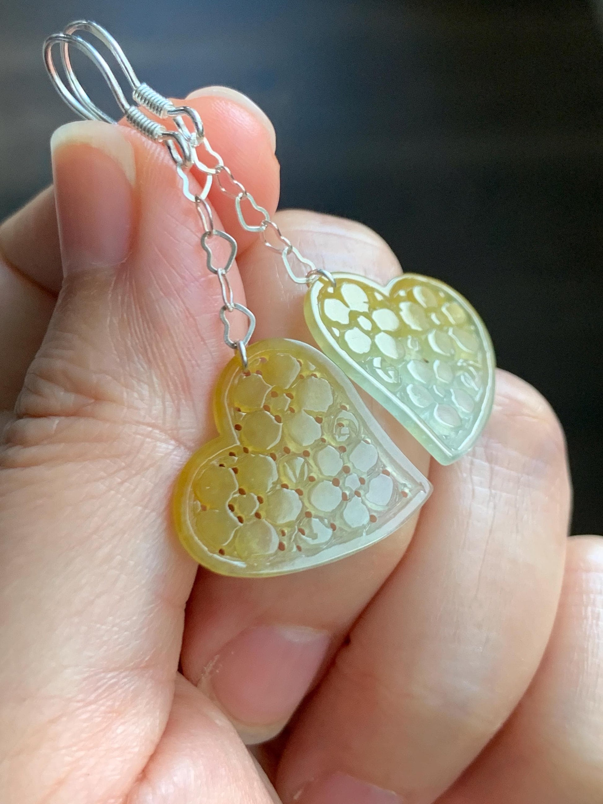 Natural Grade A Icy Highly Translucent Vibrant Yellow Jade Jadeite Openwork Engraved Heart Earrings Sterling Silver 天然冰黄翡翠镂空雕爱心足银耳钩耳吊BMH496A