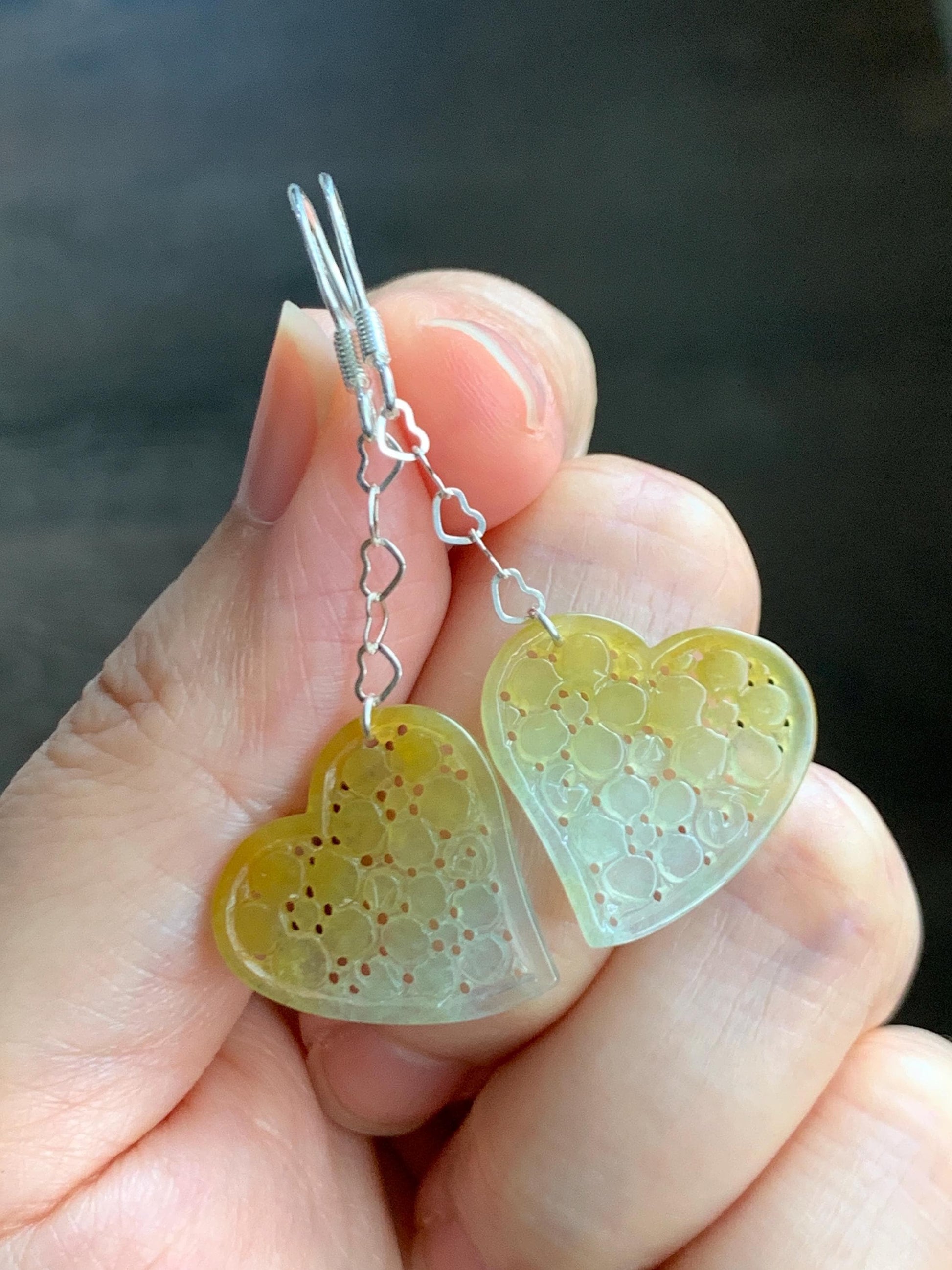 Natural Grade A Icy Highly Translucent Vibrant Yellow Jade Jadeite Openwork Engraved Heart Earrings Sterling Silver 天然冰黄翡翠镂空雕爱心足银耳钩耳吊BMH496A