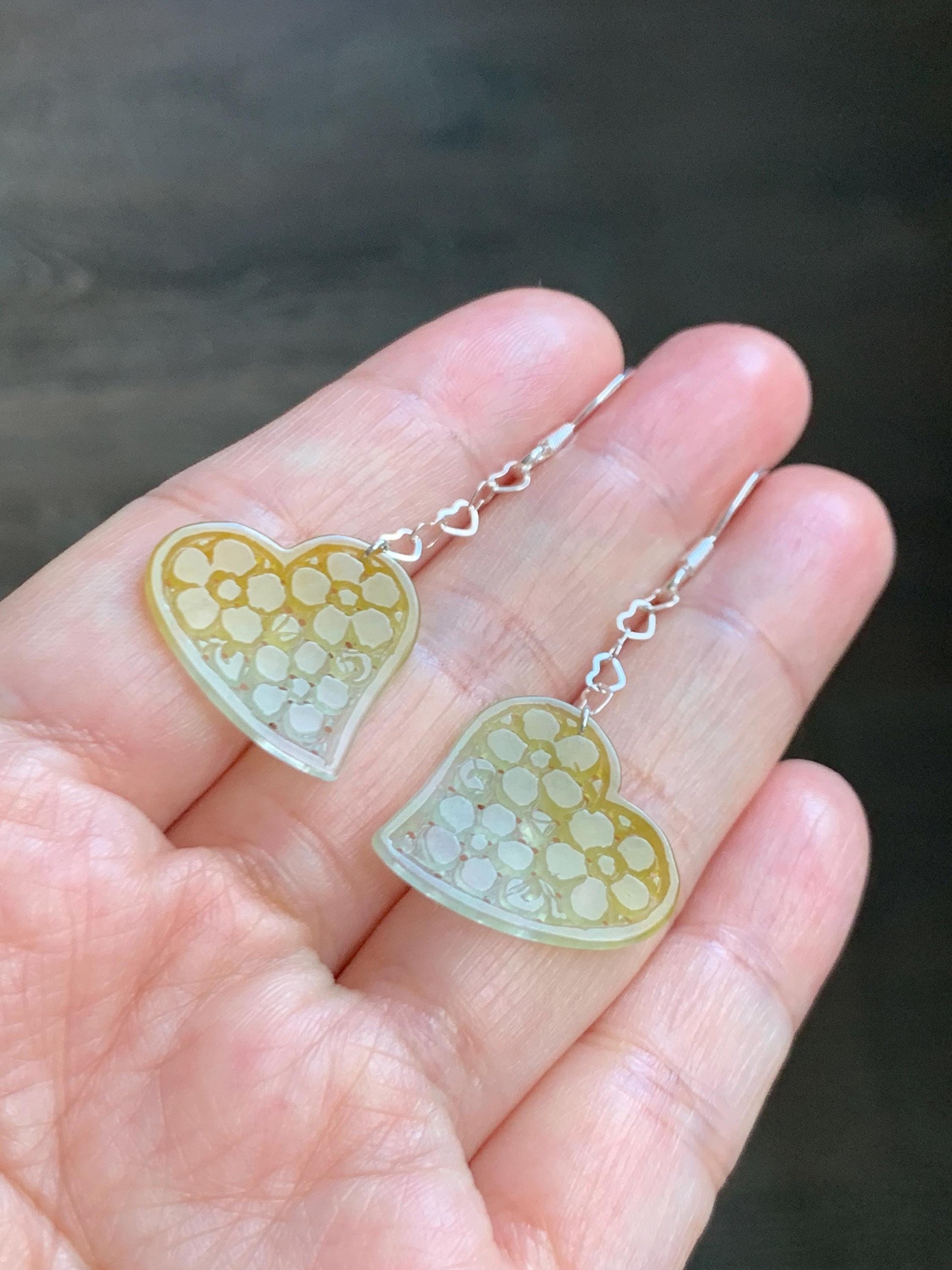 Natural Grade A Icy Highly Translucent Vibrant Yellow Jade Jadeite Openwork Engraved Heart Earrings Sterling Silver 天然冰黄翡翠镂空雕爱心足银耳钩耳吊BMH496A