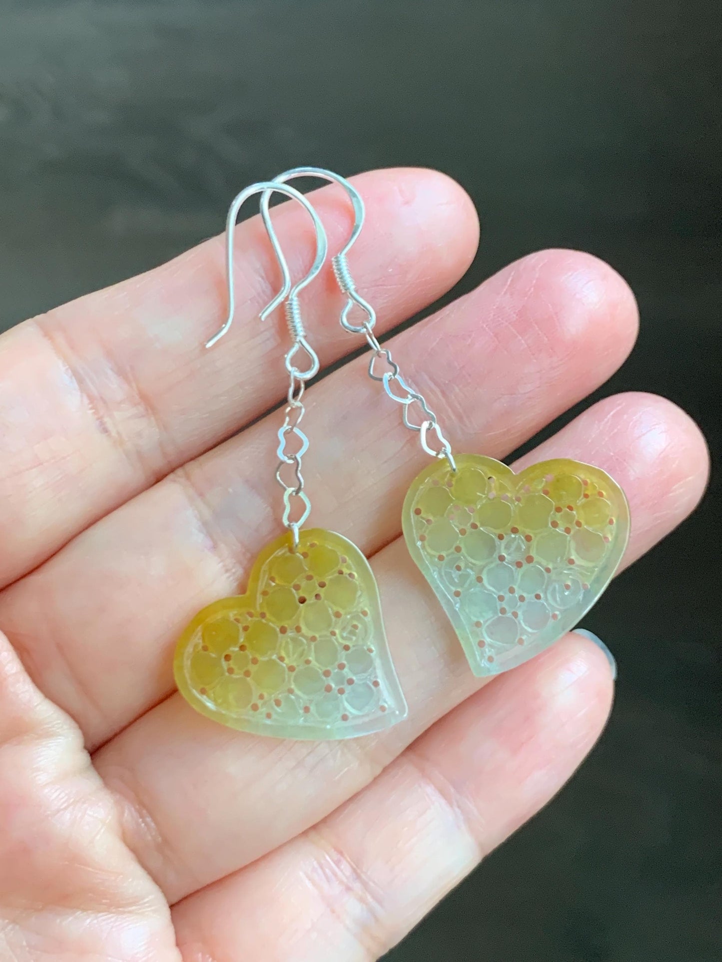 Natural Grade A Icy Highly Translucent Vibrant Yellow Jade Jadeite Openwork Engraved Heart Earrings Sterling Silver 天然冰黄翡翠镂空雕爱心足银耳钩耳吊BMH496A
