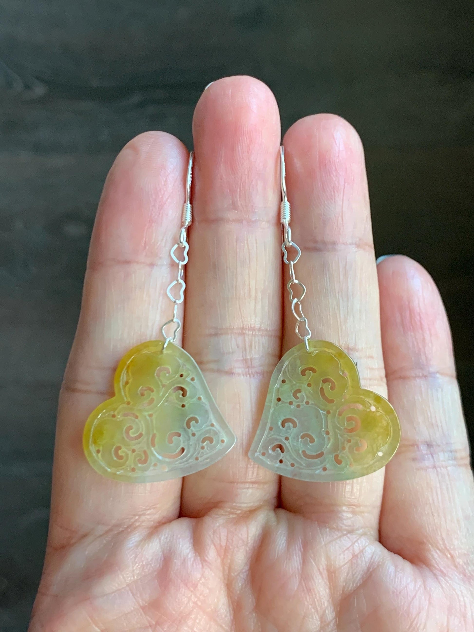 Natural Grade A Icy Highly Translucent Vibrant Yellow Jade Jadeite Openwork Engraved Heart Earrings Sterling Silver 天然冰黄翡翠镂空雕爱心足银耳钩耳吊BMH496B