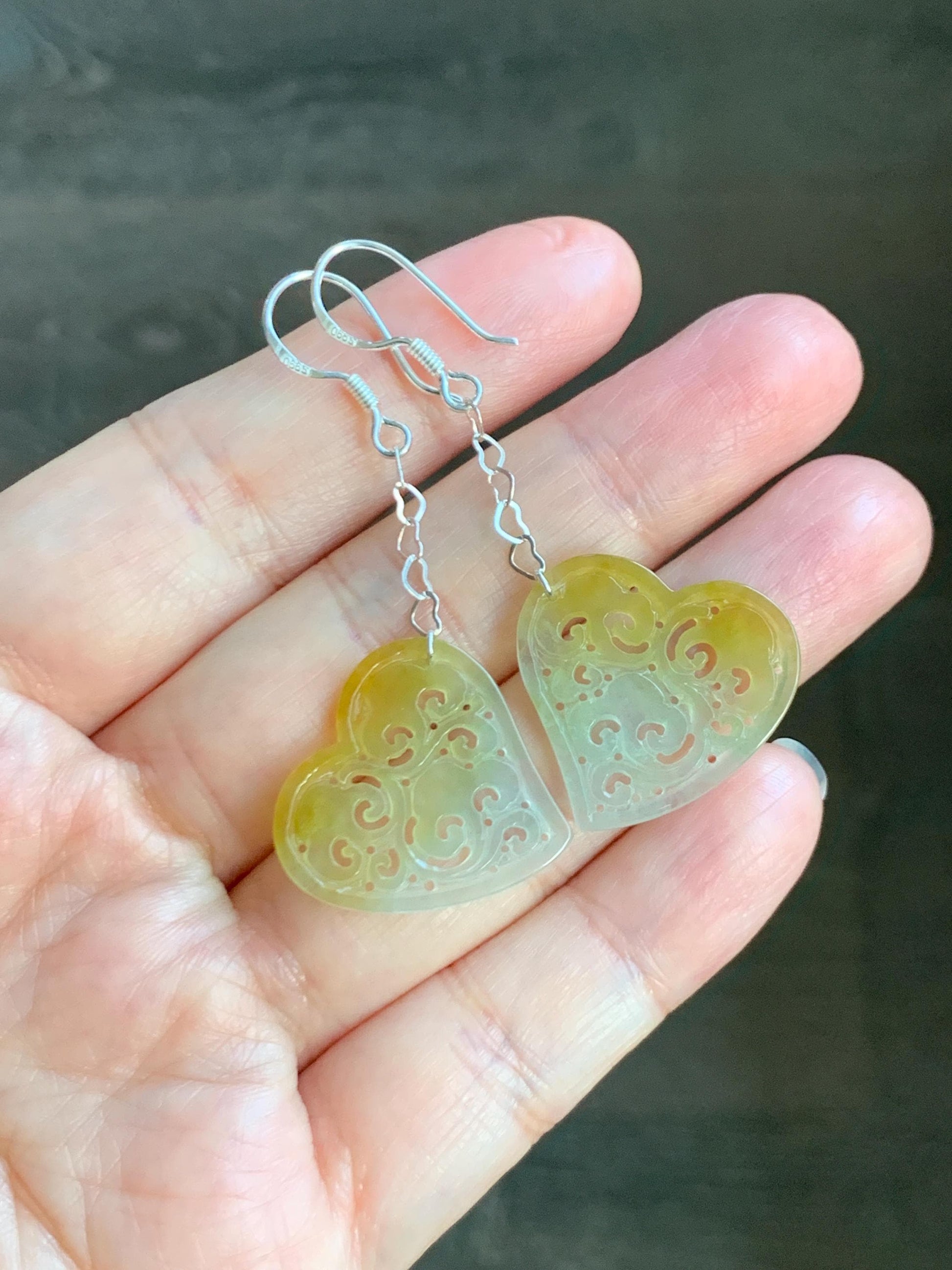 Natural Grade A Icy Highly Translucent Vibrant Yellow Jade Jadeite Openwork Engraved Heart Earrings Sterling Silver 天然冰黄翡翠镂空雕爱心足银耳钩耳吊BMH496B