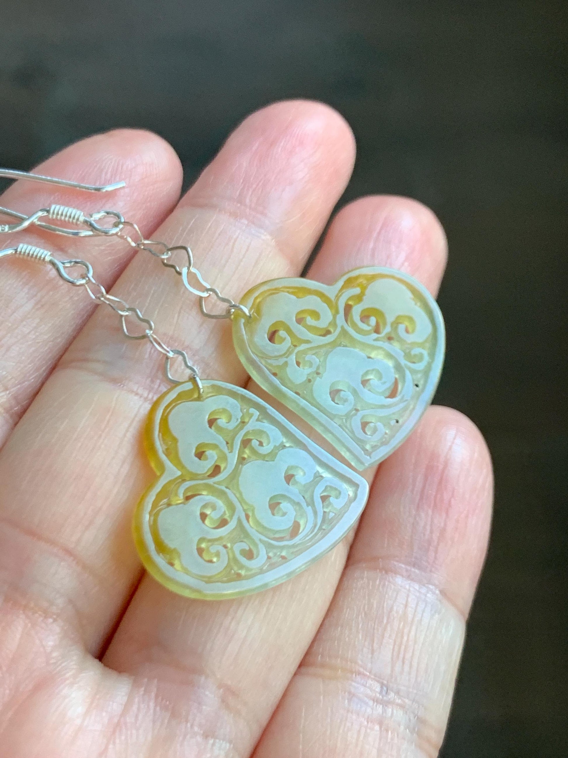 Natural Grade A Icy Highly Translucent Vibrant Yellow Jade Jadeite Openwork Engraved Heart Earrings Sterling Silver 天然冰黄翡翠镂空雕爱心足银耳钩耳吊BMH496B