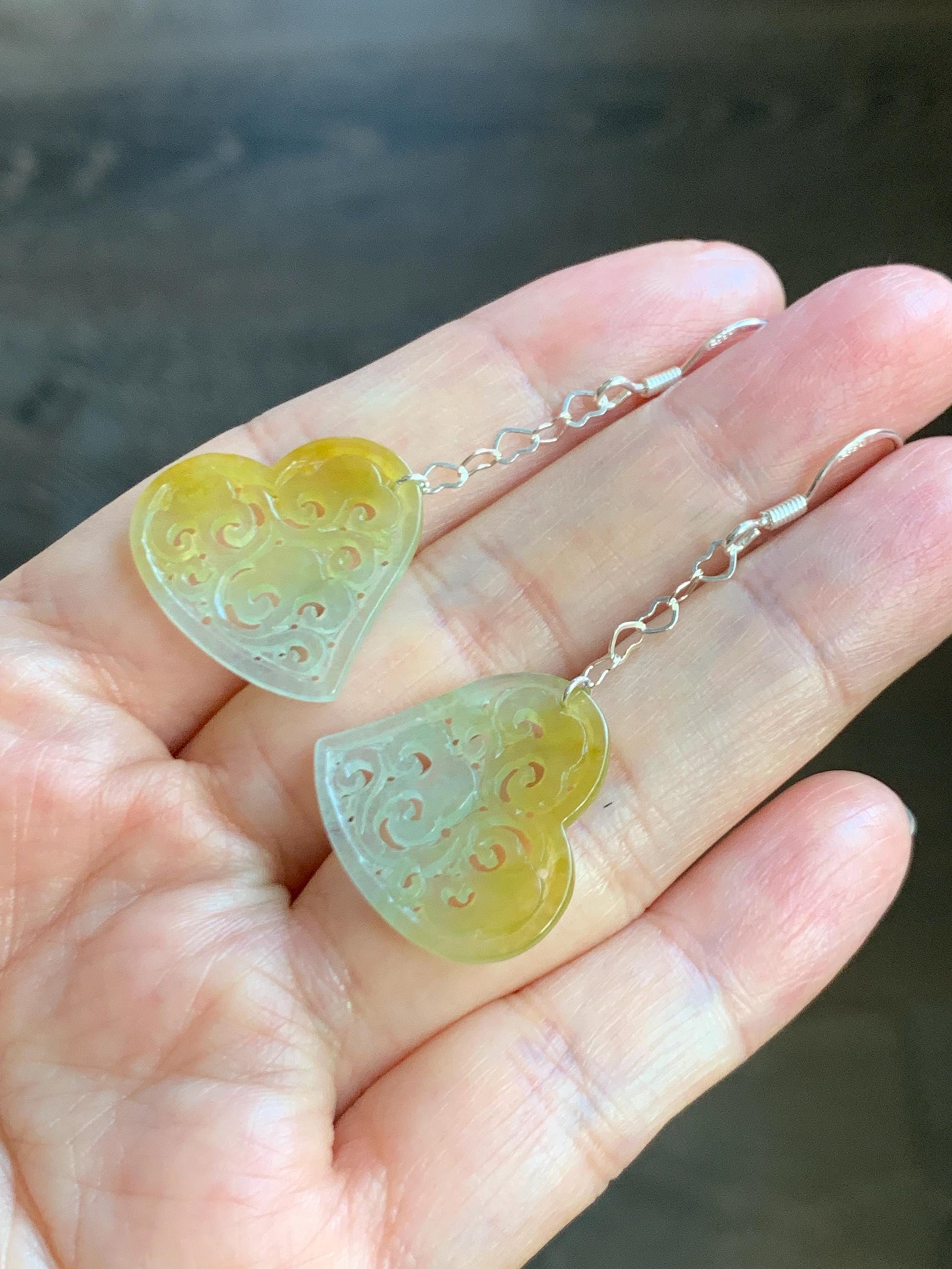 Natural Grade A Icy Highly Translucent Vibrant Yellow Jade Jadeite Openwork Engraved Heart Earrings Sterling Silver 天然冰黄翡翠镂空雕爱心足银耳钩耳吊BMH496B