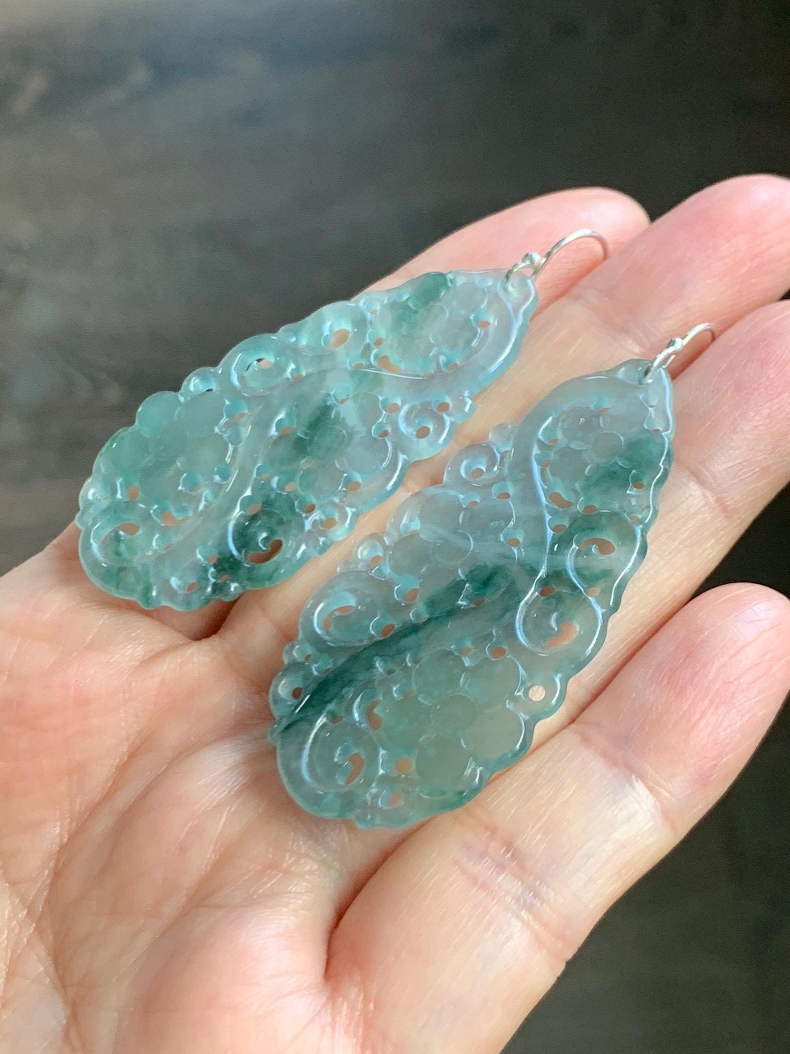 Natural Grade A Guatemalan Icy Translucent Pastel Blue Jade Jadeite Openwork Engraved Earrings Sterling Silver 天然冰危淡蓝飘花翡翠镂空雕水滴银耳钩 WPH150