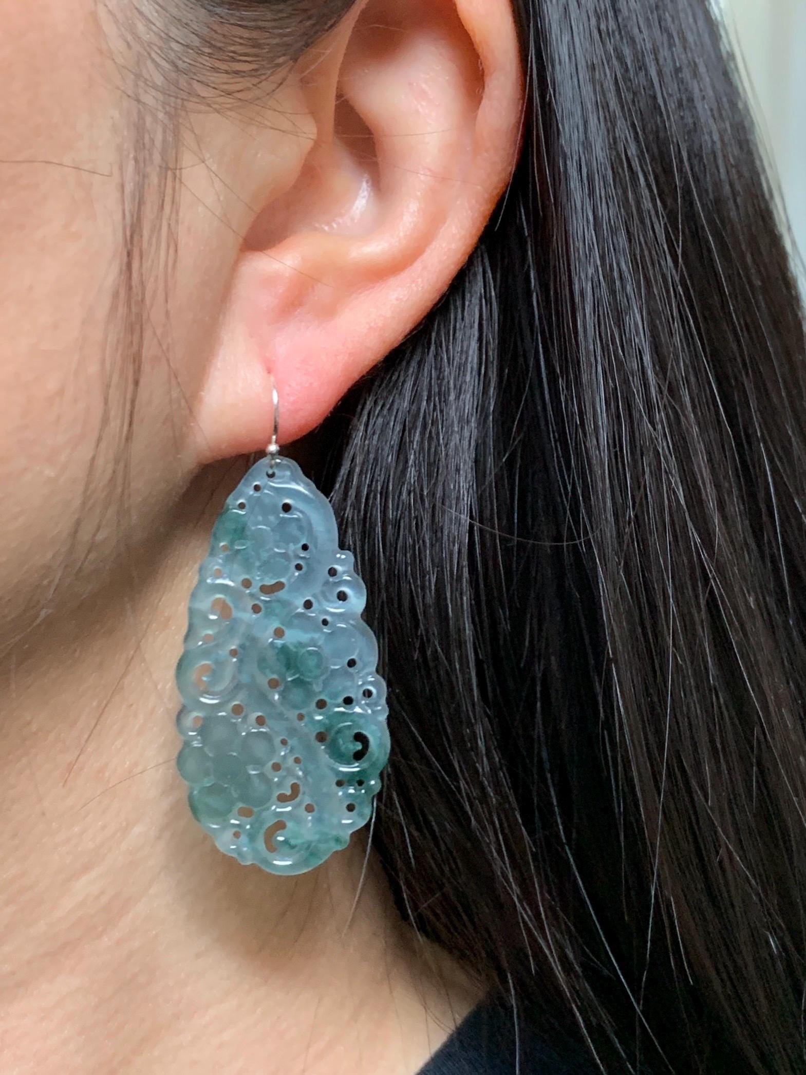 Natural Grade A Guatemalan Icy Translucent Pastel Blue Jade Jadeite Openwork Engraved Earrings Sterling Silver 天然冰危淡蓝飘花翡翠镂空雕水滴银耳钩 WPH150