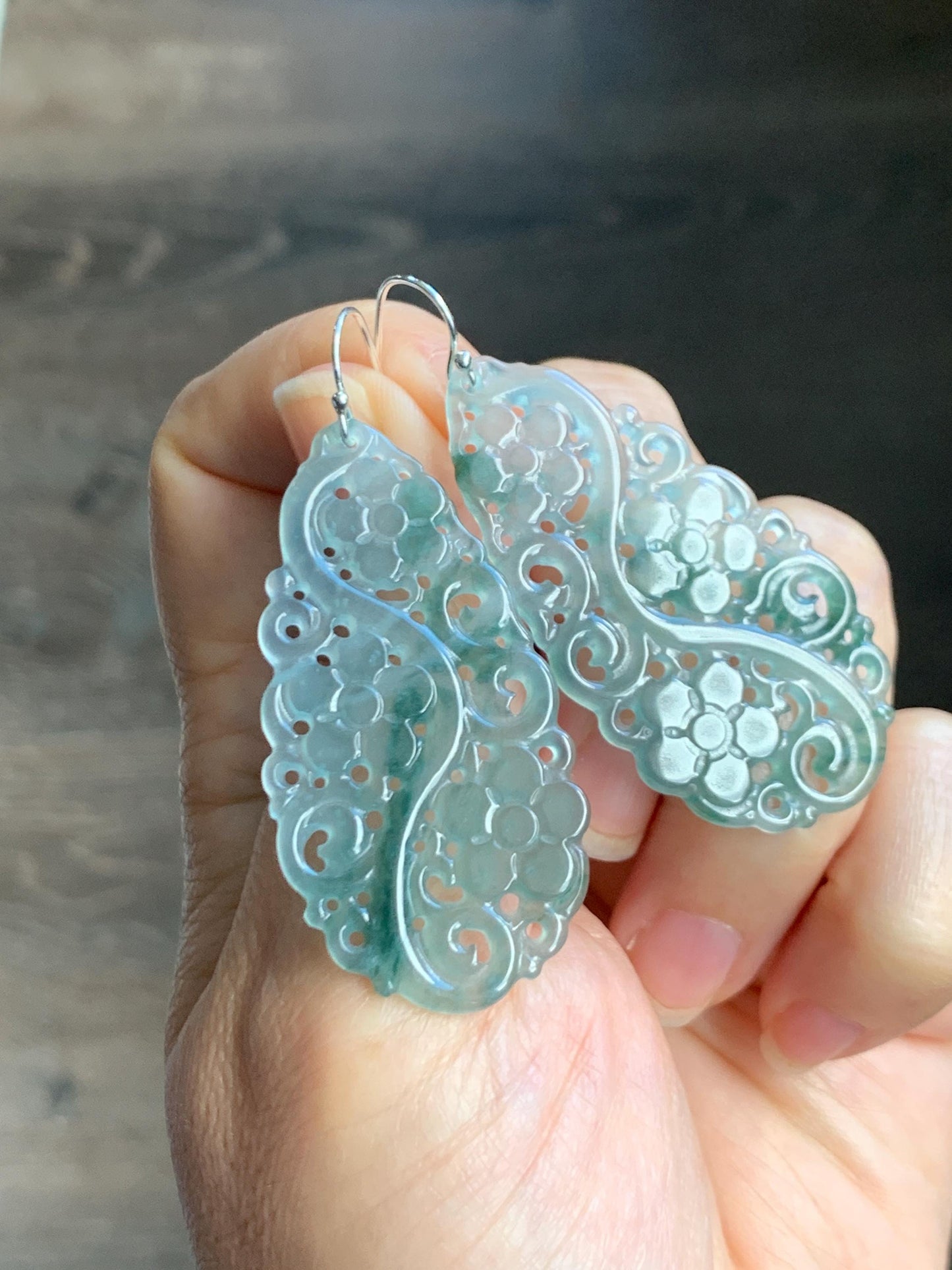 Natural Grade A Guatemalan Icy Translucent Pastel Blue Jade Jadeite Openwork Engraved Earrings Sterling Silver 天然冰危淡蓝飘花翡翠镂空雕水滴银耳钩 WPH150