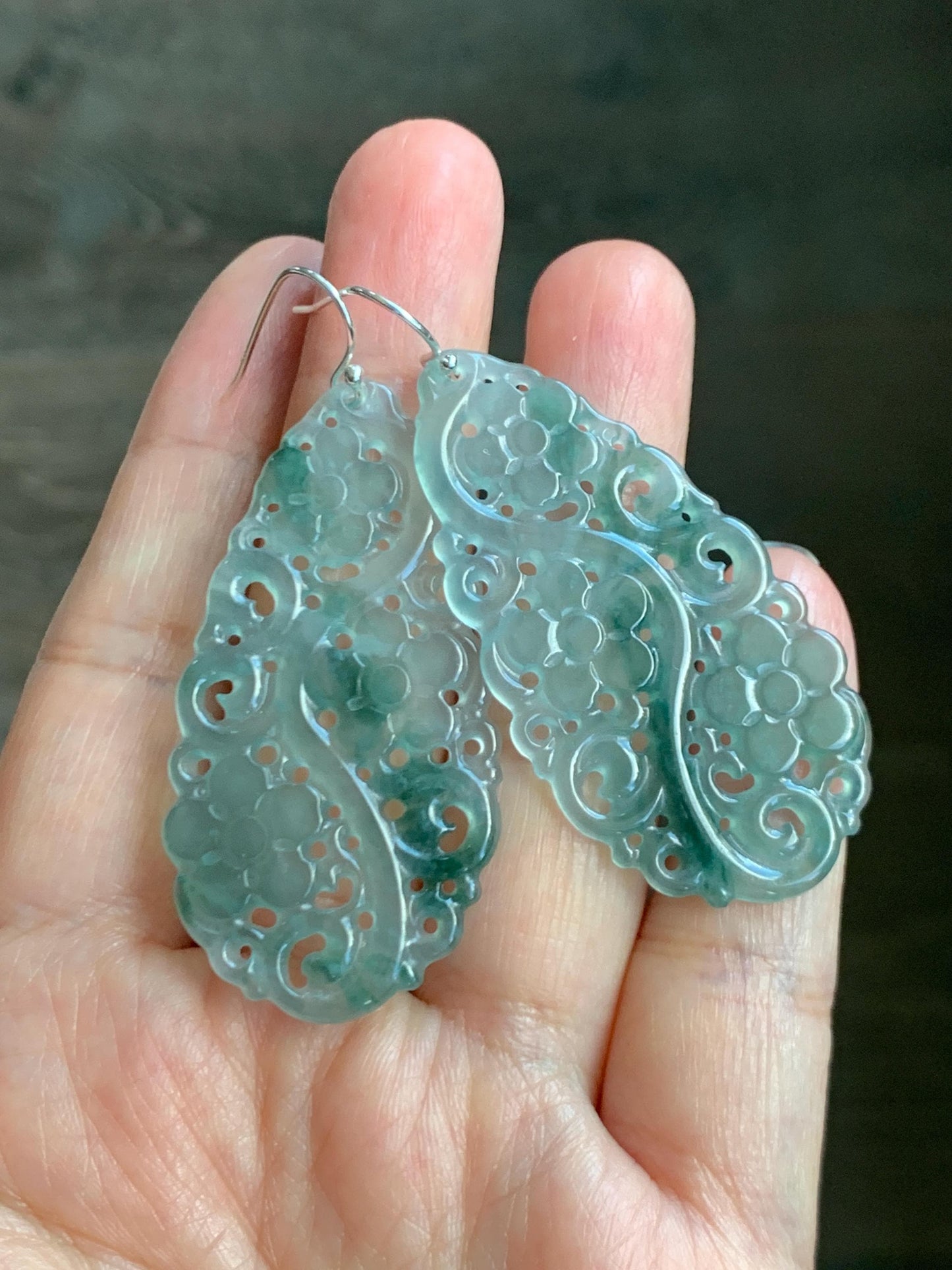 Natural Grade A Guatemalan Icy Translucent Pastel Blue Jade Jadeite Openwork Engraved Earrings Sterling Silver 天然冰危淡蓝飘花翡翠镂空雕水滴银耳钩 WPH150