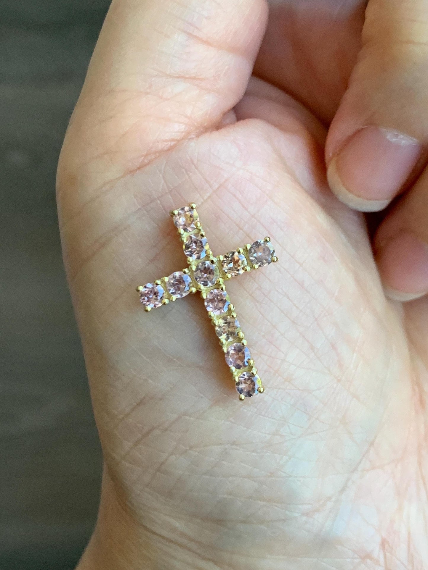 Natural Genuine Blush Pink Color Change Garnet Cross Pendant Sterling Silver with Yellow Gold Overlay 2g c453