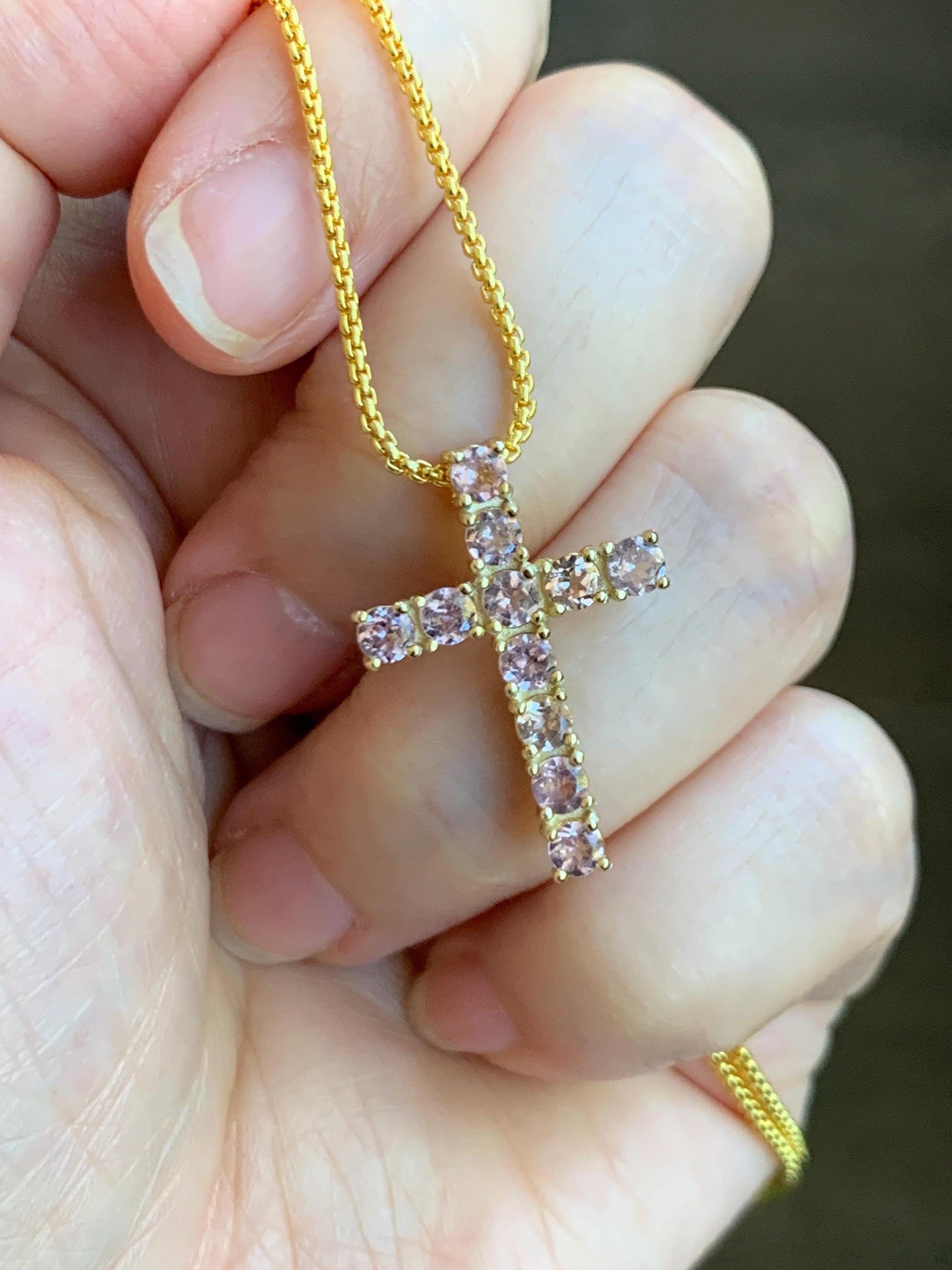 Natural Genuine Blush Pink Color Change Garnet Cross Pendant Sterling Silver with Yellow Gold Overlay 2g c453