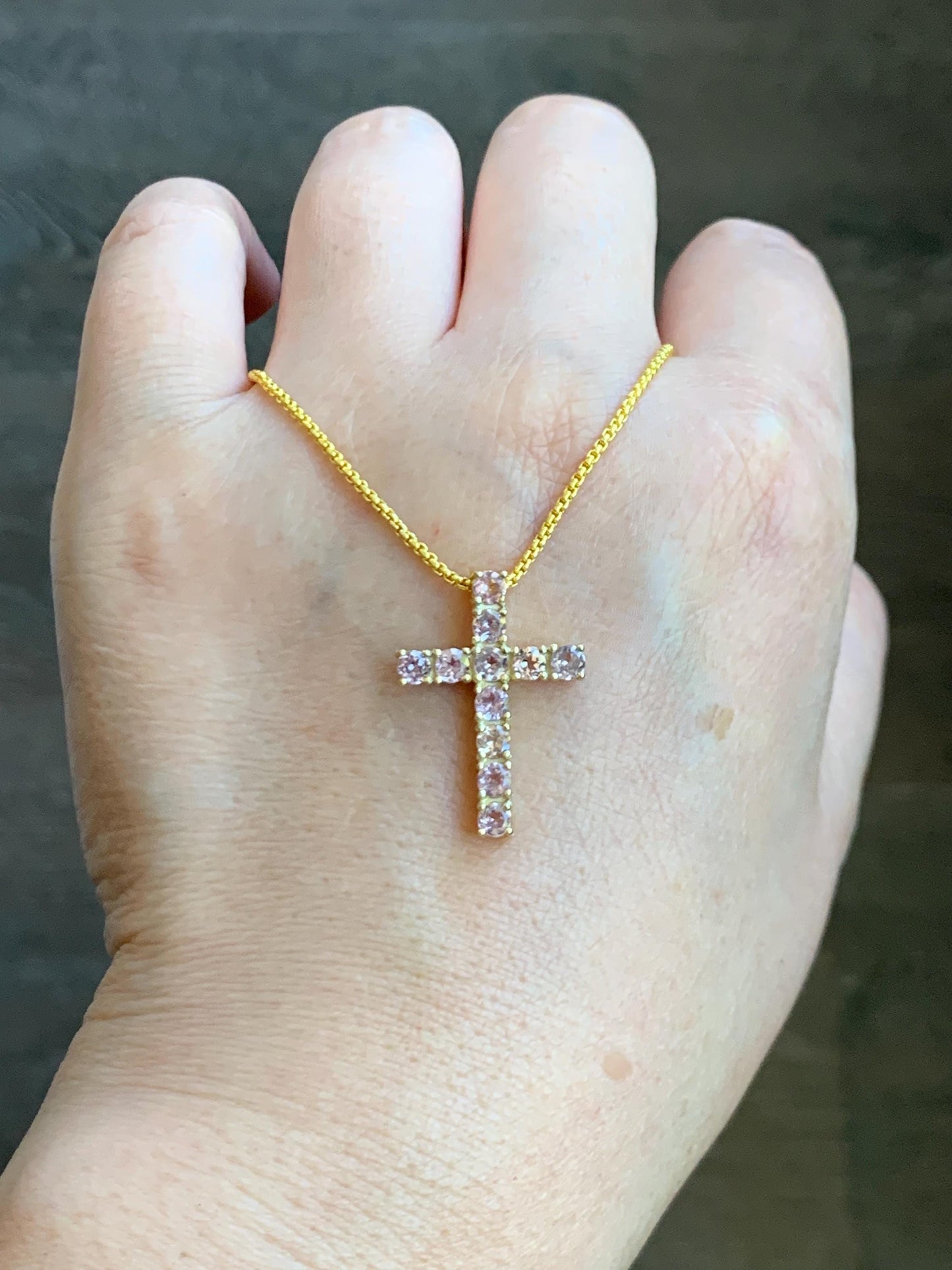 Natural Genuine Blush Pink Color Change Garnet Cross Pendant Sterling Silver with Yellow Gold Overlay 2g c453