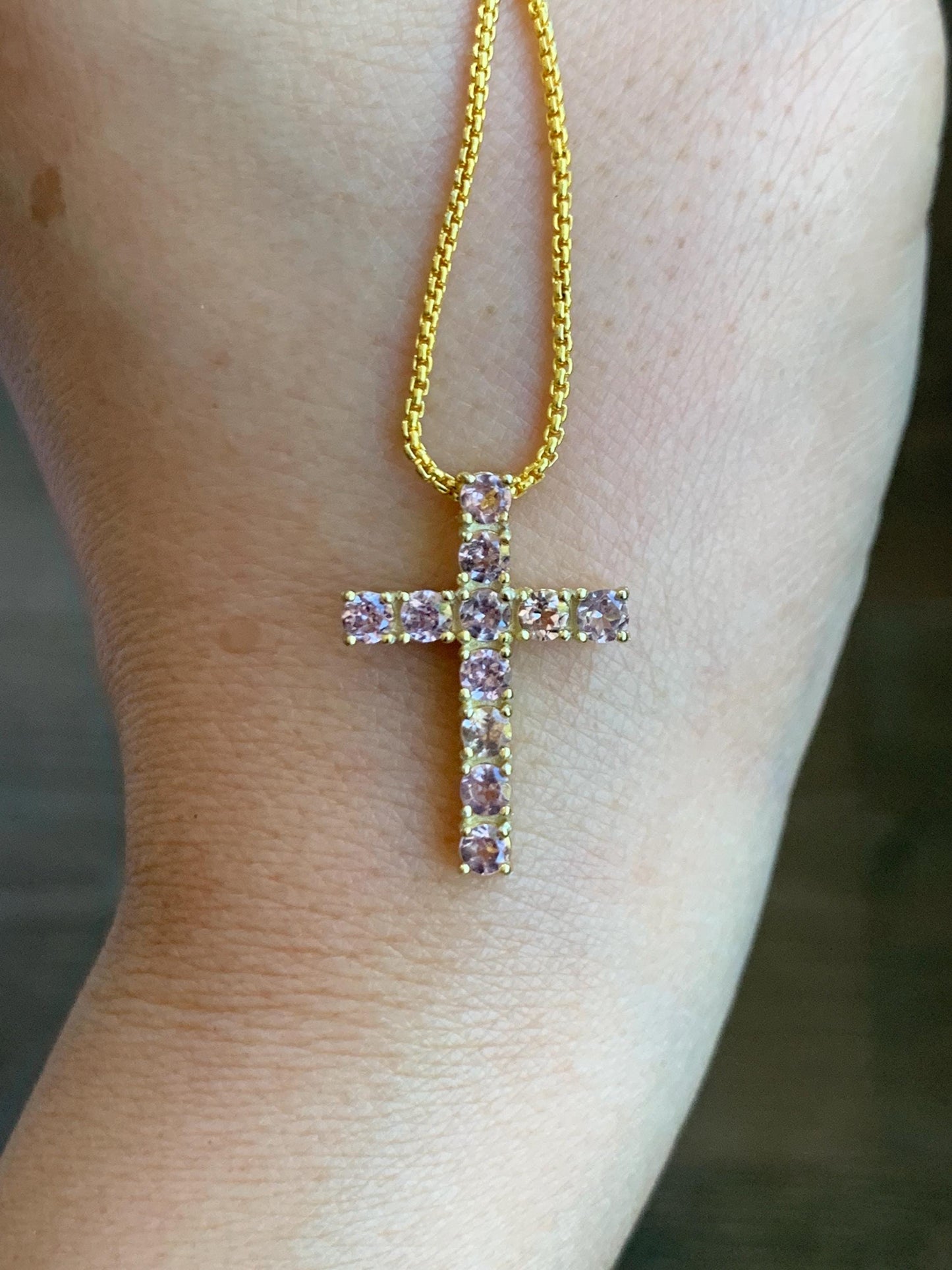 Natural Genuine Blush Pink Color Change Garnet Cross Pendant Sterling Silver with Yellow Gold Overlay 2g c453