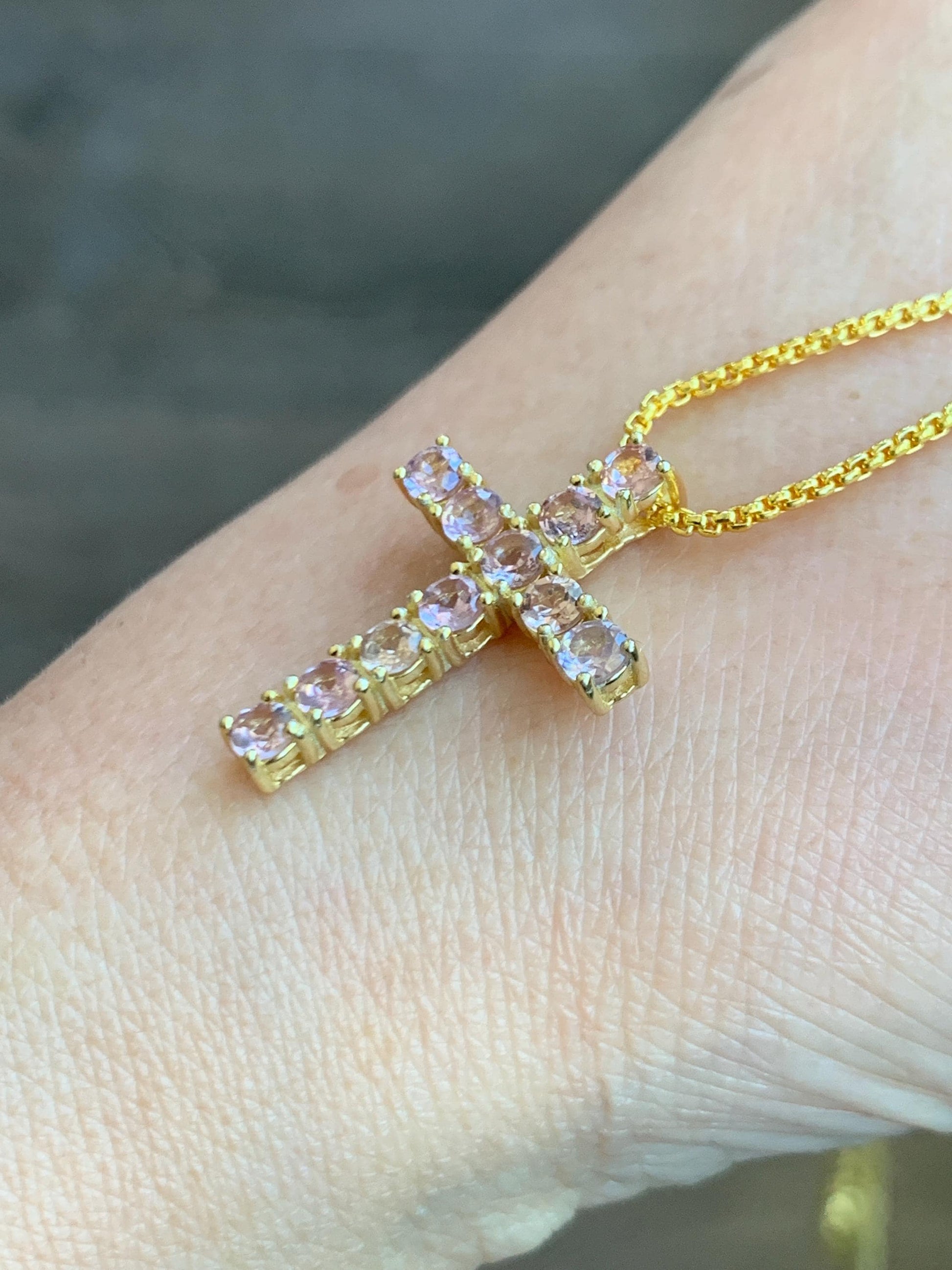 Natural Genuine Blush Pink Color Change Garnet Cross Pendant Sterling Silver with Yellow Gold Overlay 2g c453