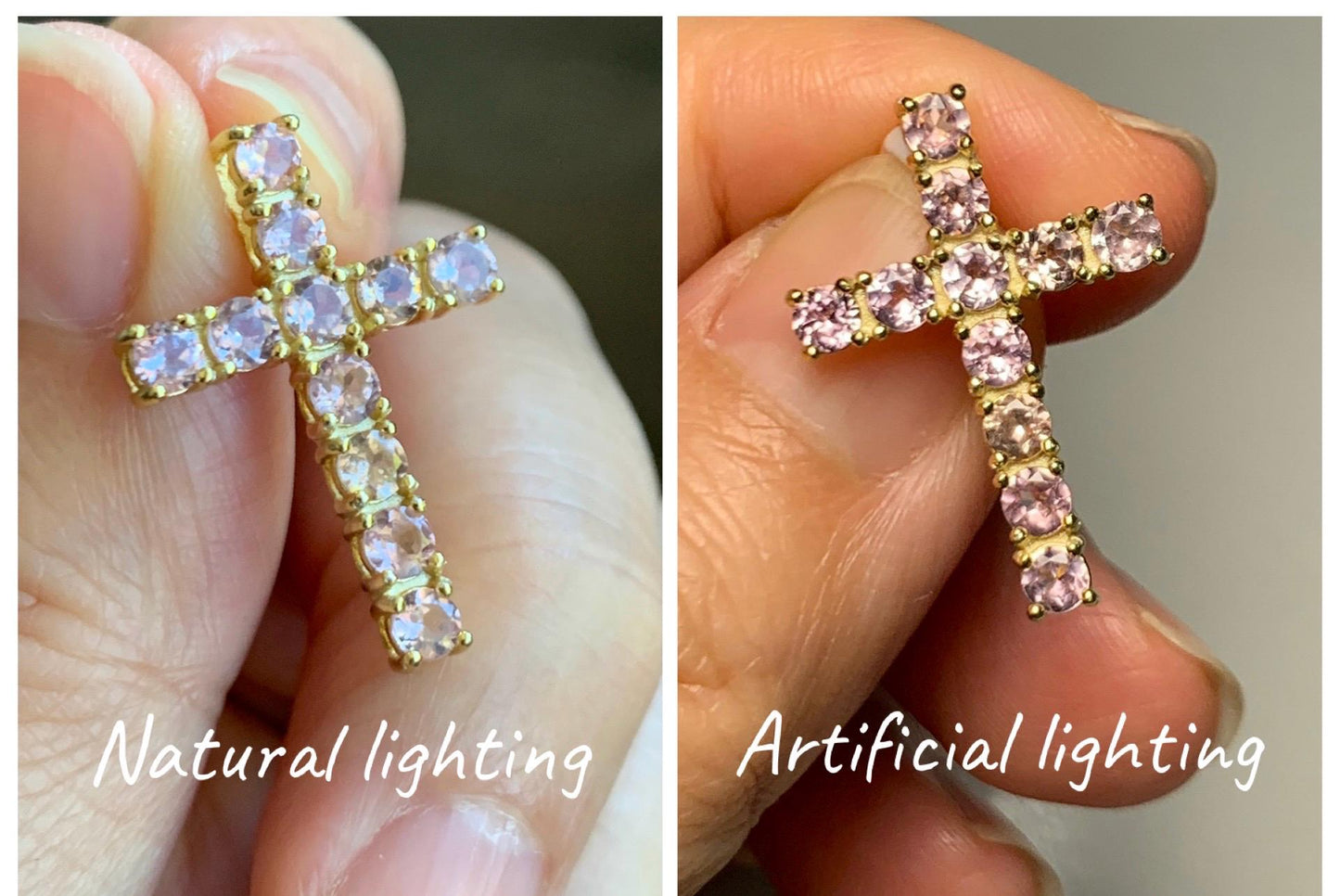 Natural Genuine Blush Pink Color Change Garnet Cross Pendant Sterling Silver with Yellow Gold Overlay 2g c453