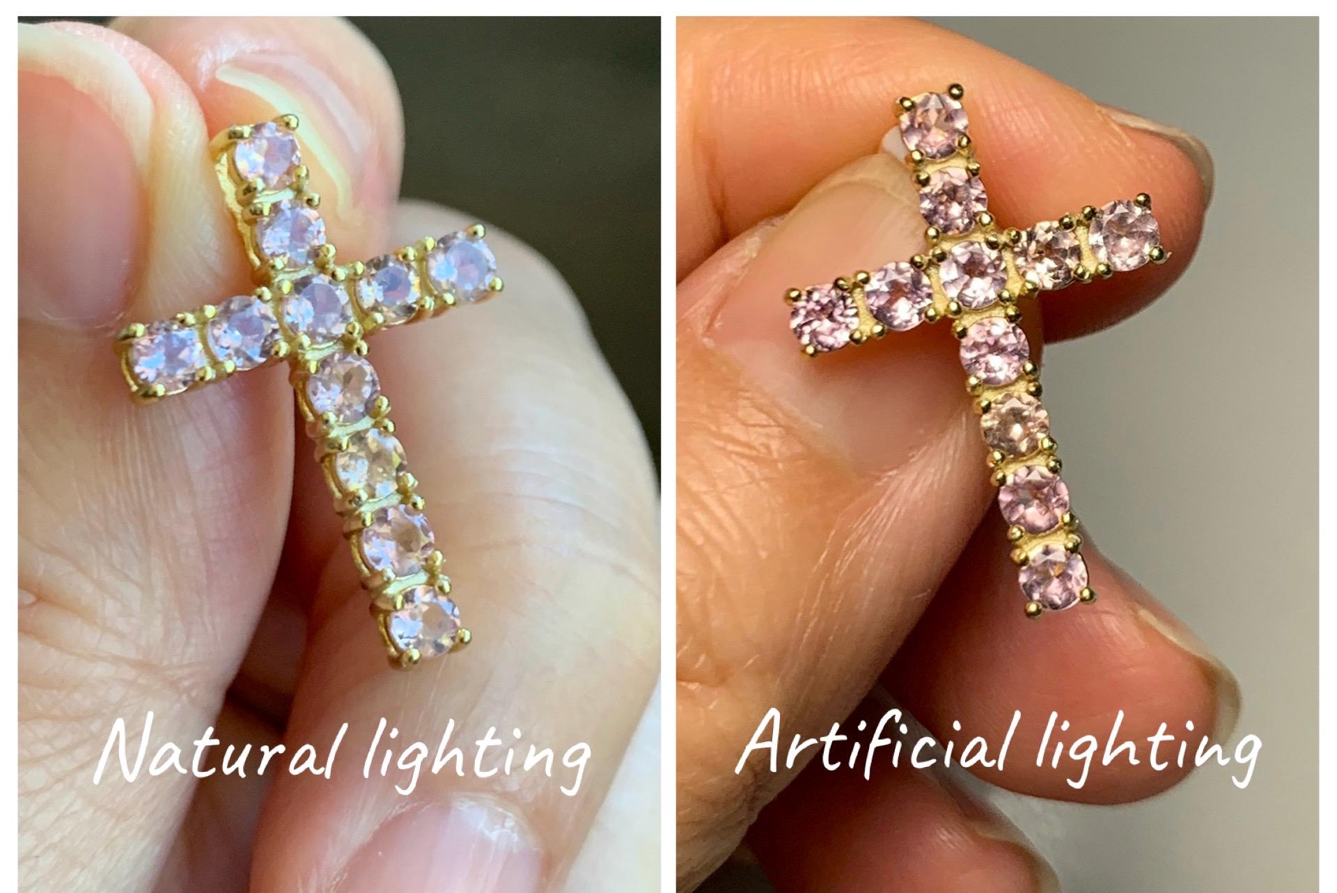 Natural Genuine Blush Pink Color Change Garnet Cross Pendant Sterling Silver with Yellow Gold Overlay 2g c453