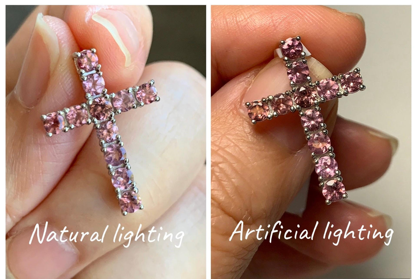 Natural Genuine Dark Pink Color Change Garnet Cross Pendant Sterling Silver 2g c453-silver