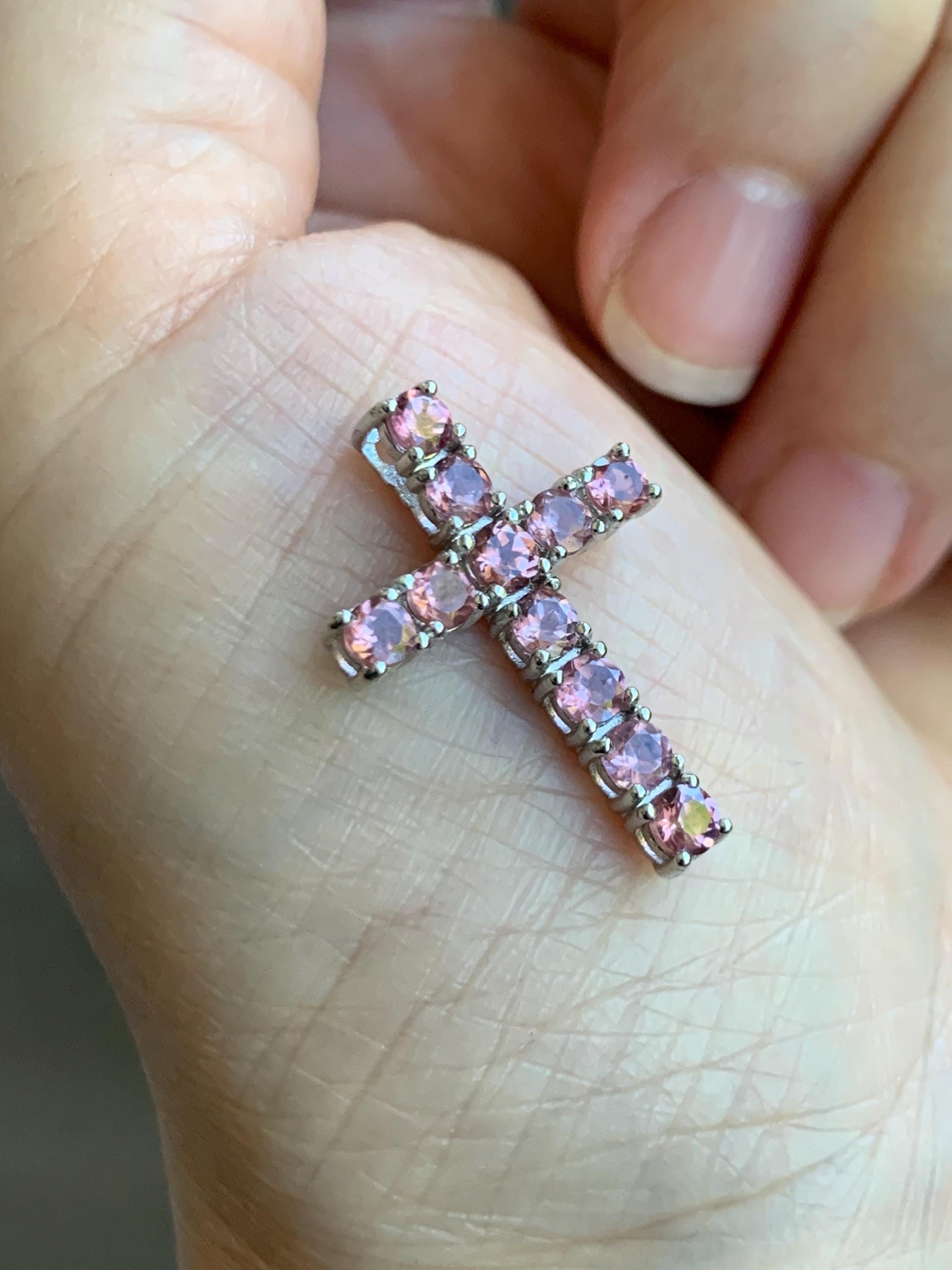 Natural Genuine Dark Pink Color Change Garnet Cross Pendant Sterling Silver 2g c453-silver