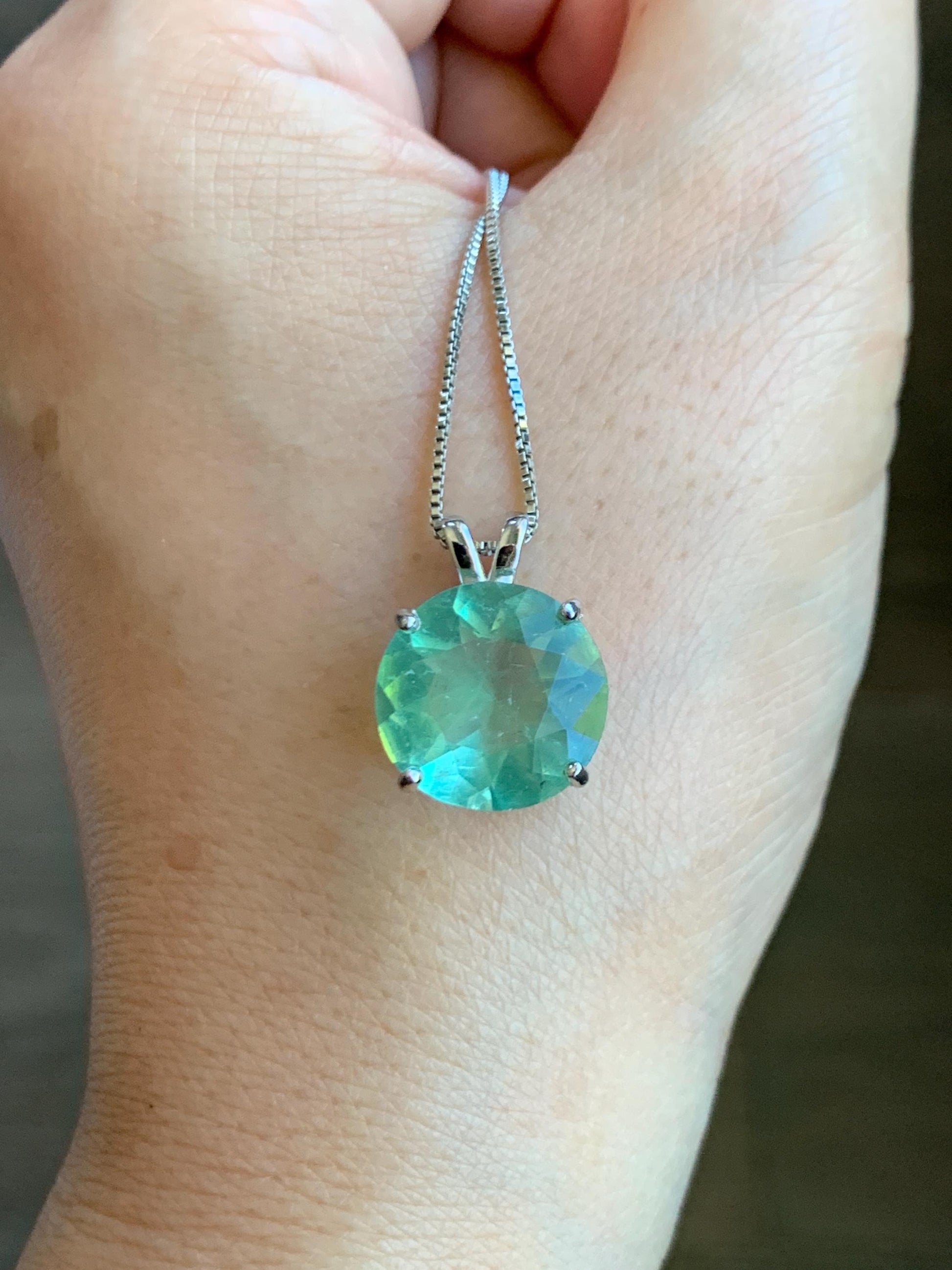 Natural Genuine Untreated Green Fluorite Large Round Solitaire Pendant 925 Sterling Silver 14mm 3g c234