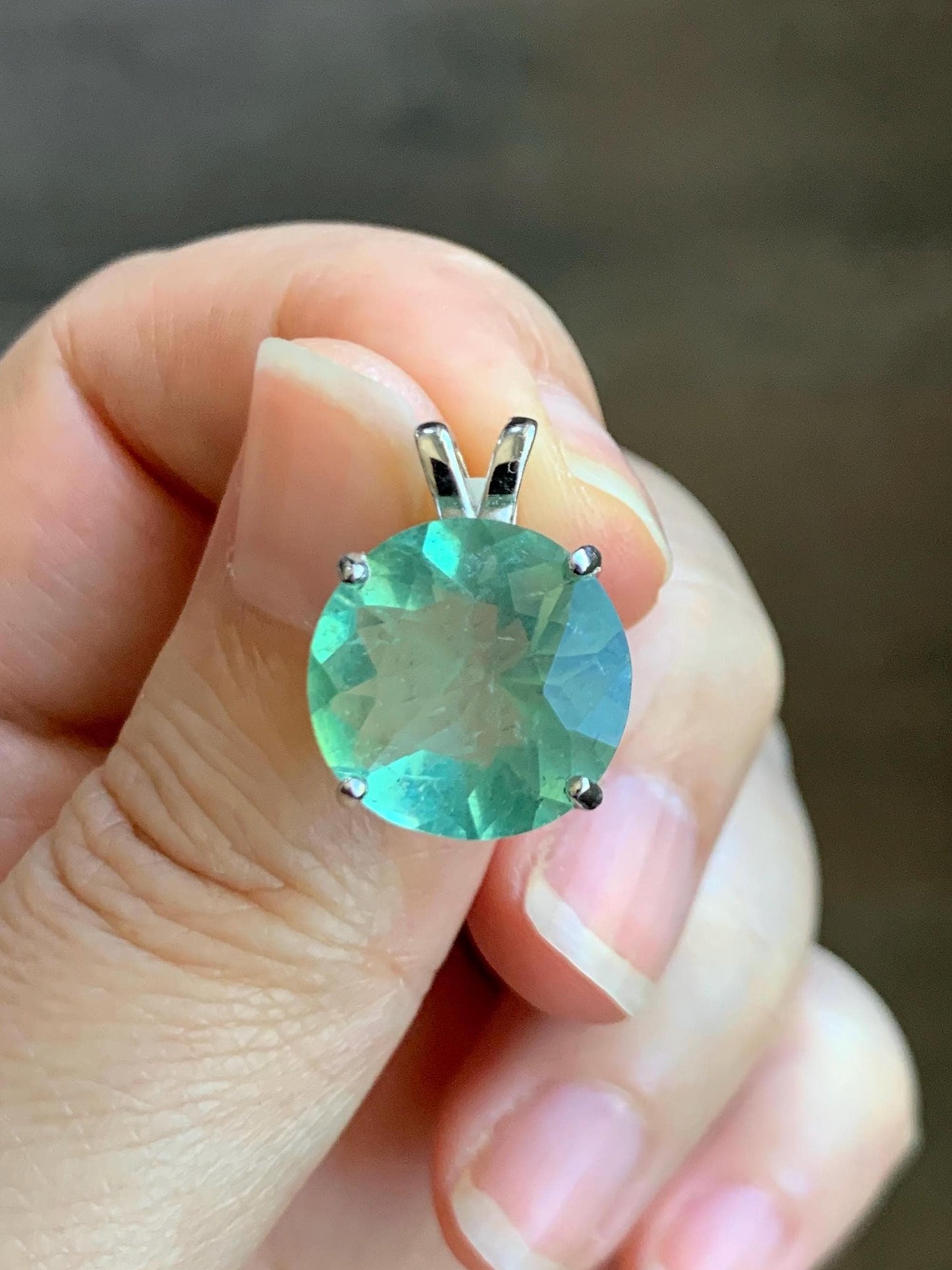 Natural Genuine Untreated Green Fluorite Large Round Solitaire Pendant 925 Sterling Silver 14mm 3g c234