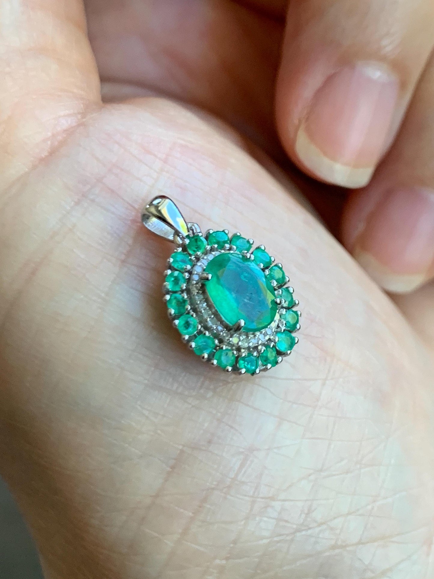 Natural Genuine Zambian Emerald Pendant with Natural Emeralds and Natural Diamonds 925 Sterling Silver 2g c366