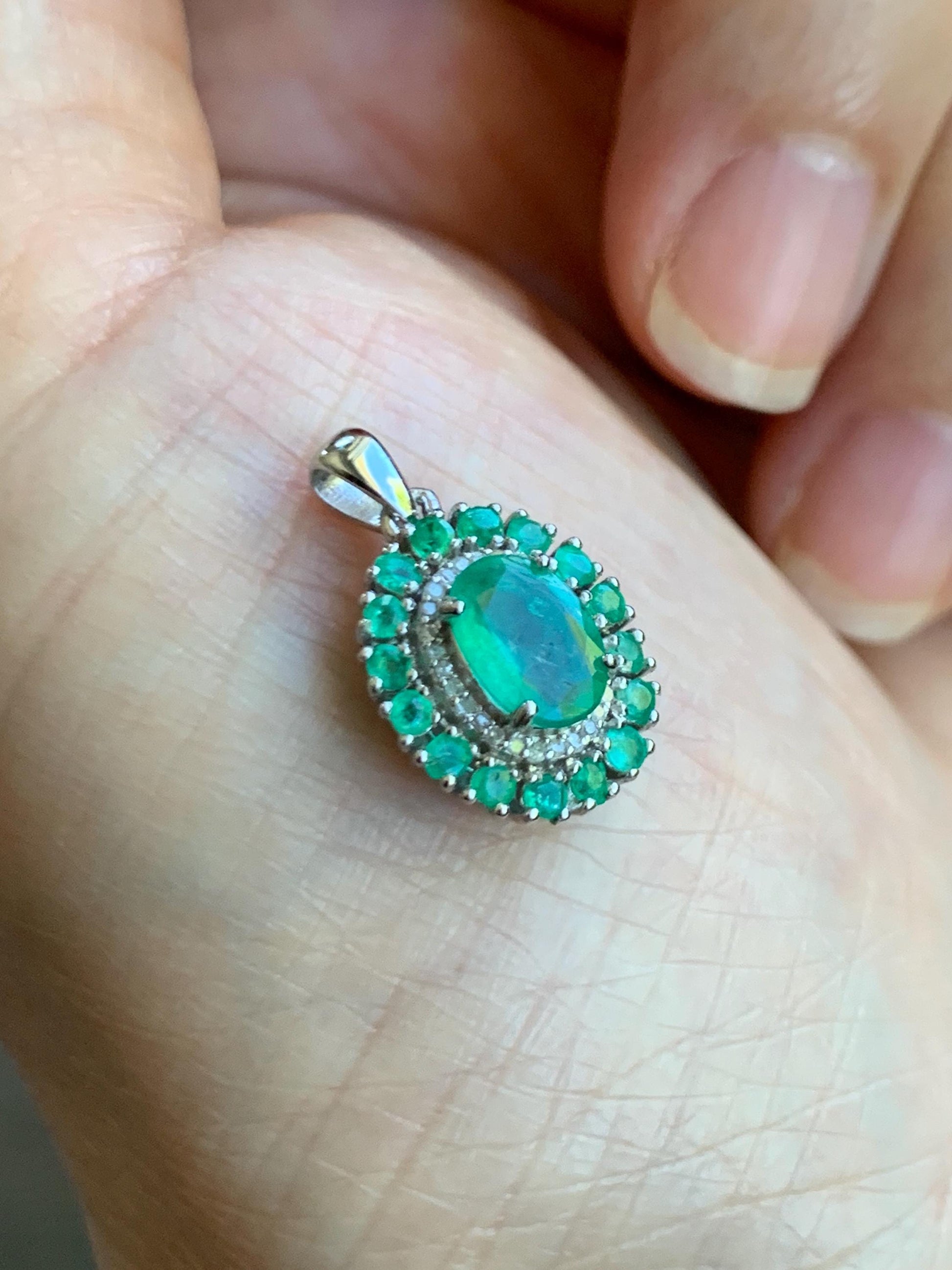 Natural Genuine Zambian Emerald Pendant with Natural Emeralds and Natural Diamonds 925 Sterling Silver 2g c366
